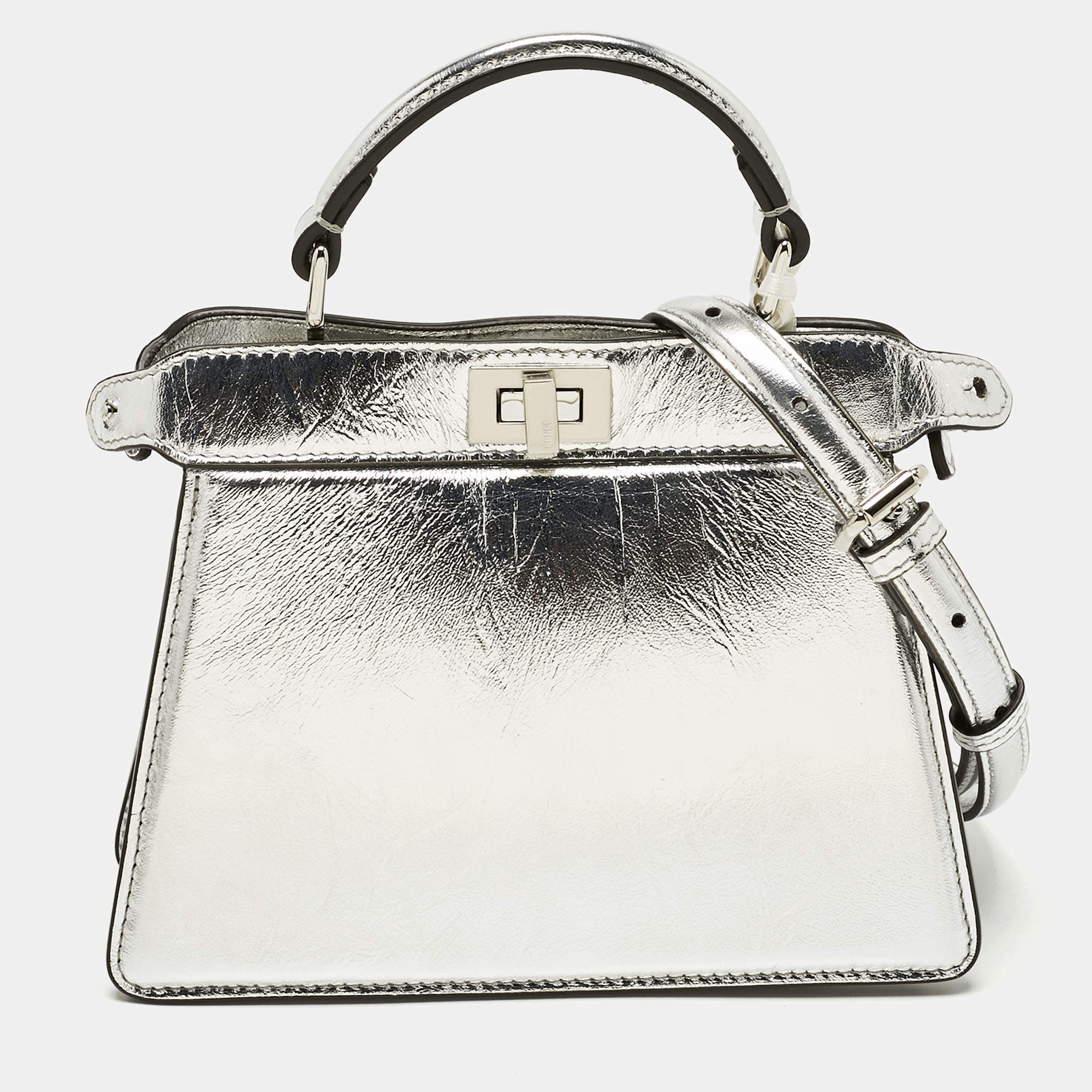 Pre Owned Fendi Silver Leather Petite Peekaboo ISeeU Top Handle Bag