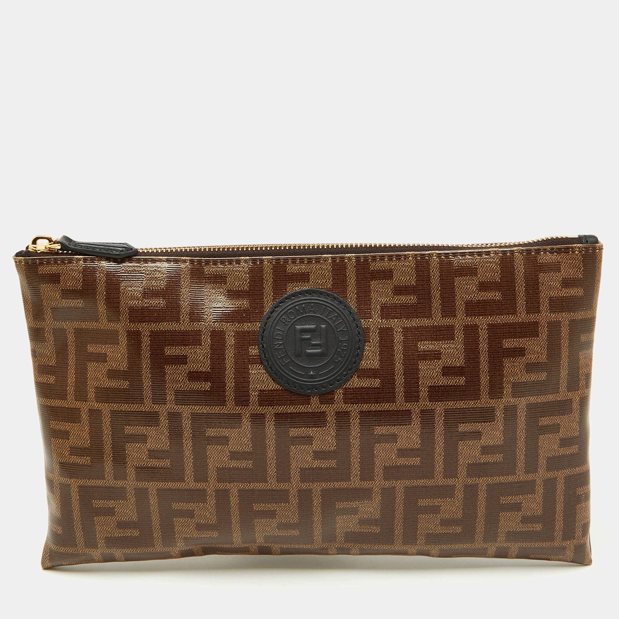 Pre Owned Fendi Brown Zucca Coated Canvas FFreedom Flat Pouch