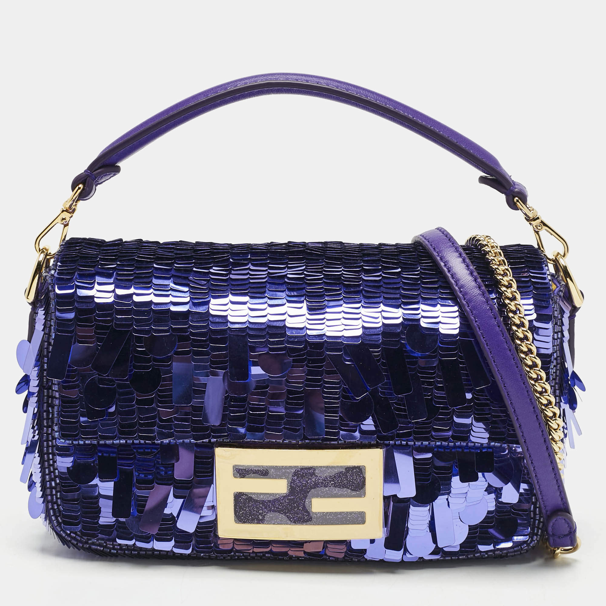 Pre Owned Fendi Purple Sequins and Leather Mini Baguette Bag