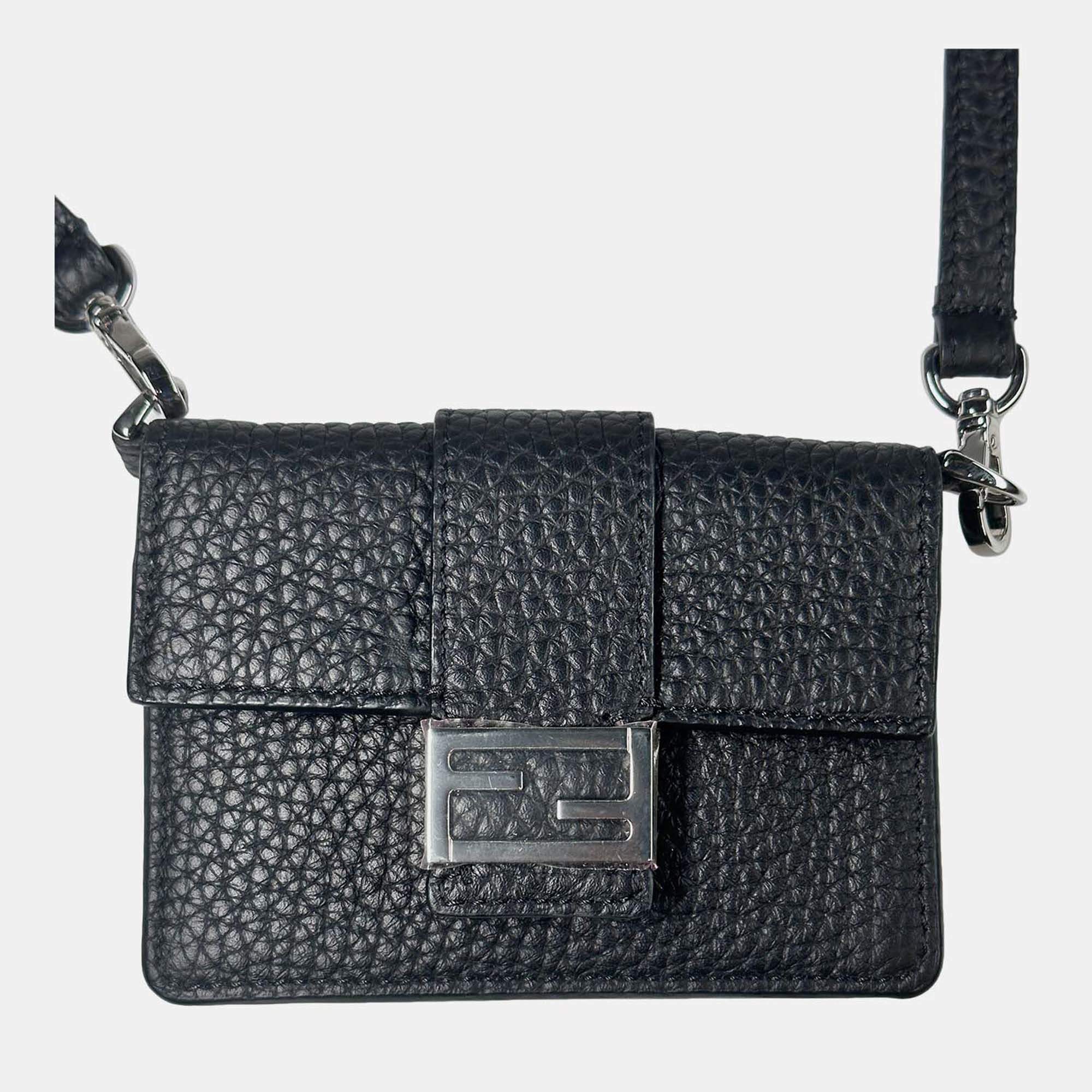 Pre Owned Fendi Black Micro Flat Baguette Cardholder With Strap