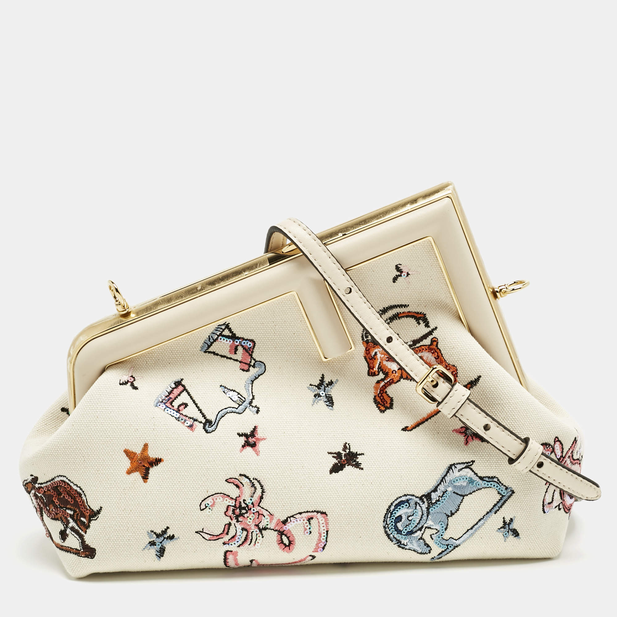 Pre Owned Fendi Light Beige Canvas Astrology Small First Shoulder Bag