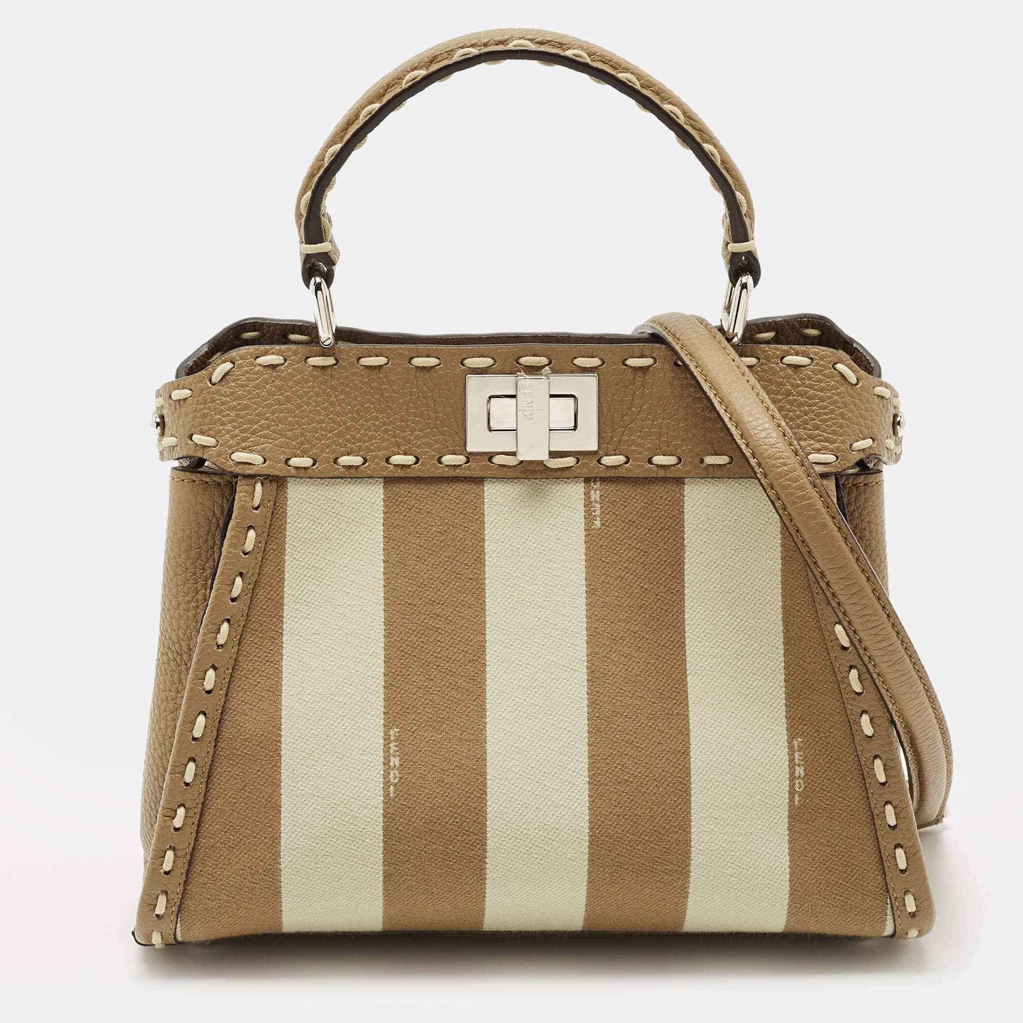 Pre Owned Fendi Brown Marco Stitch Selleria Leather Pequin Fabric Mini Peekaboo Top Handle Bag