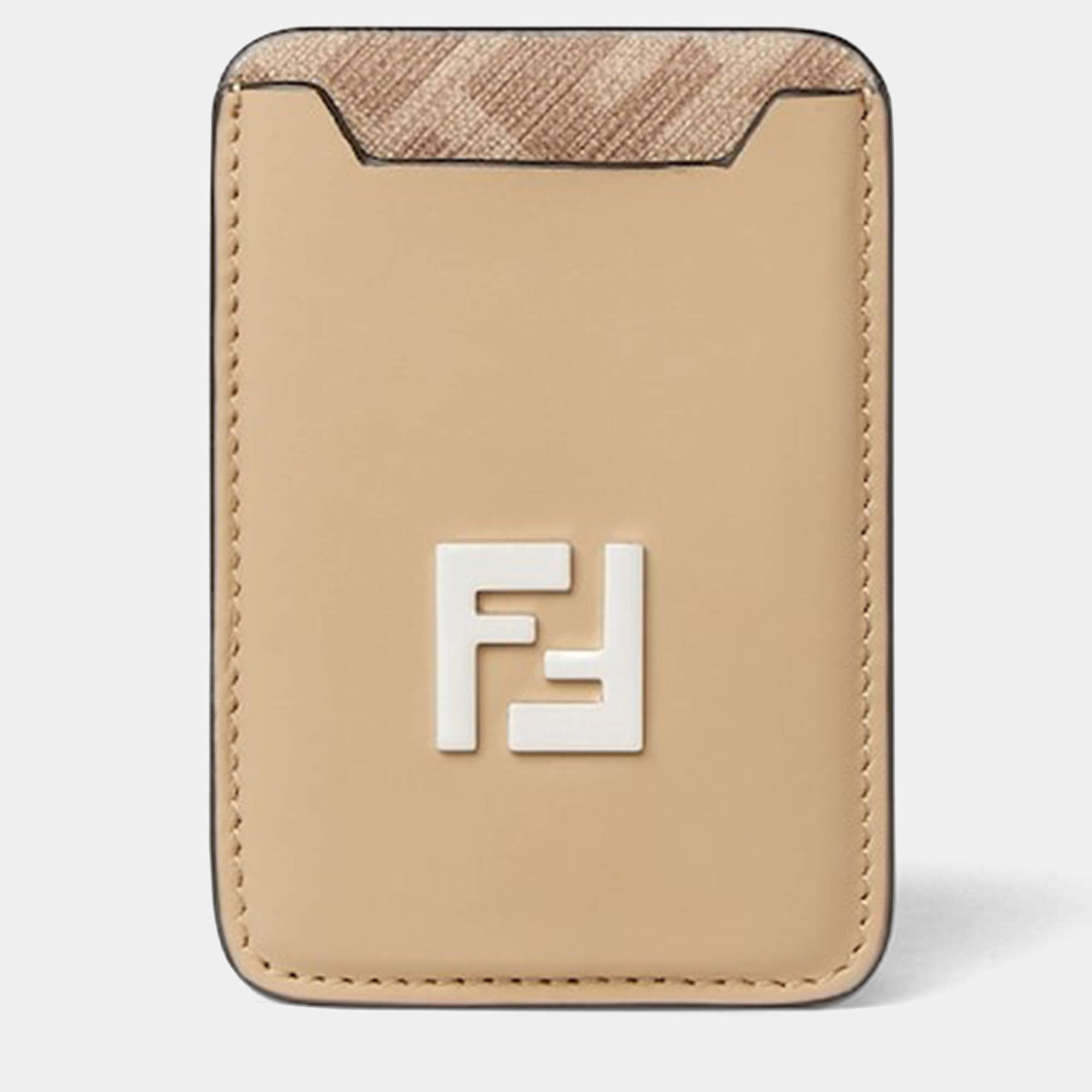 Pre Owned Fendi FF Squared MagSafe Beige Leather Caldholder
