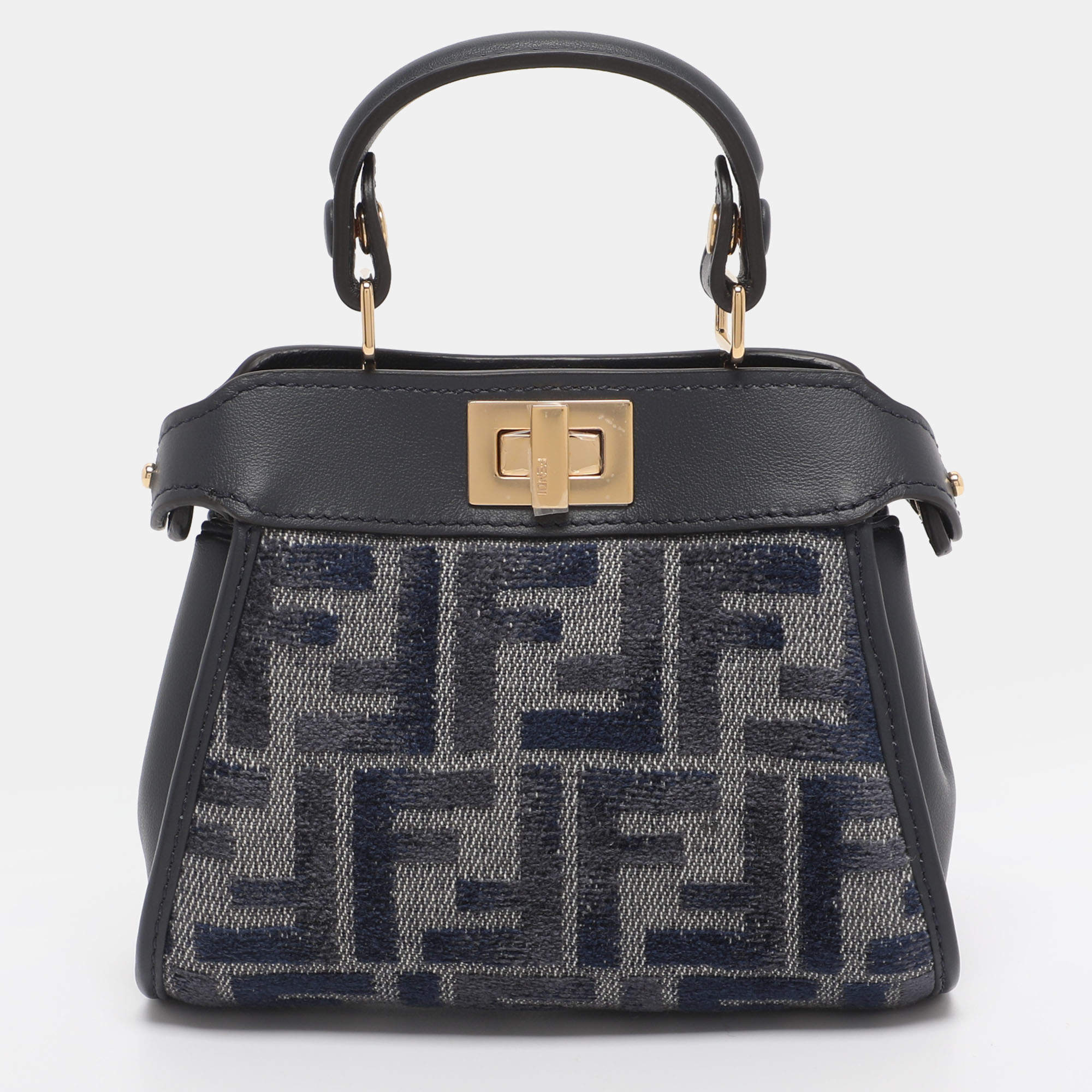 Pre Owned Fendi Blue FF Jacquard and Leather Nano Peekaboo Crossbody Bag