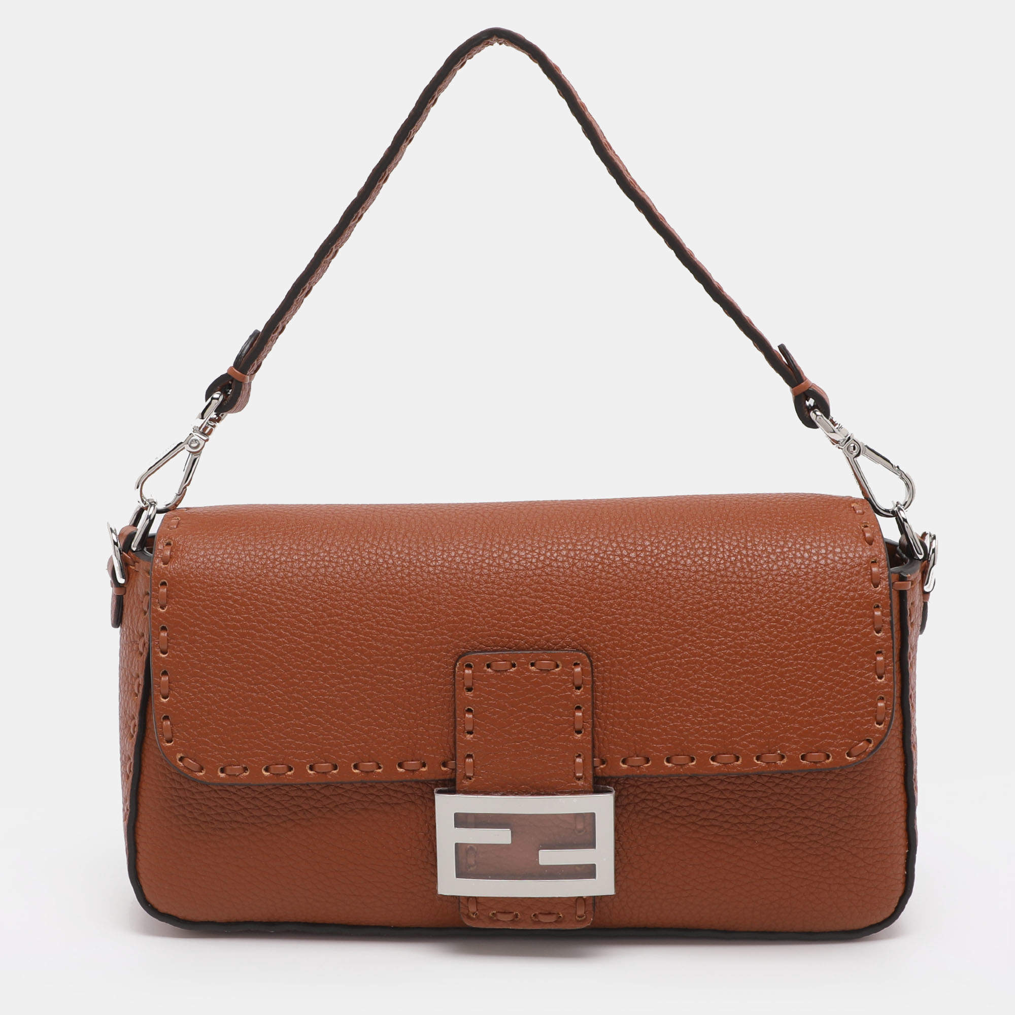 Pre Owned Fendi Brown Leather Metal Stitch Baguette Bag