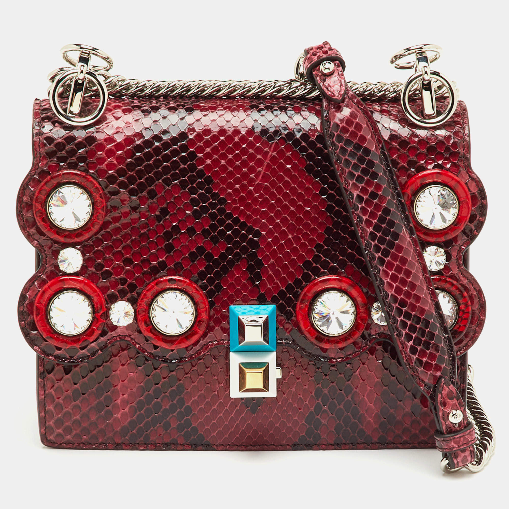 Pre Owned Fendi Dark Red/Black Python Small Scalloped Kan I Shoulder Bag