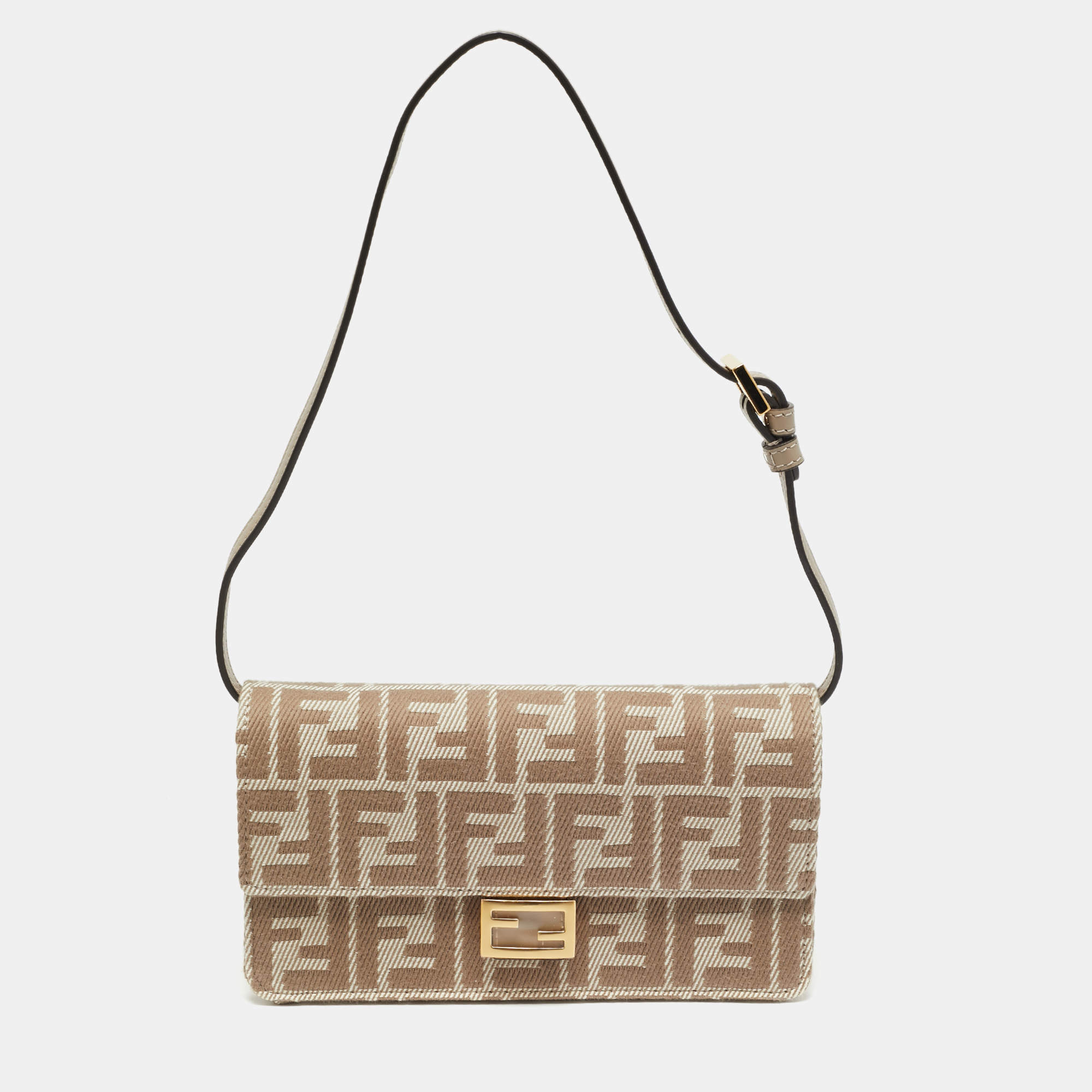 Pre Owned Fendi Baguette Beige FF Jacquard Denim Wallet On Chain