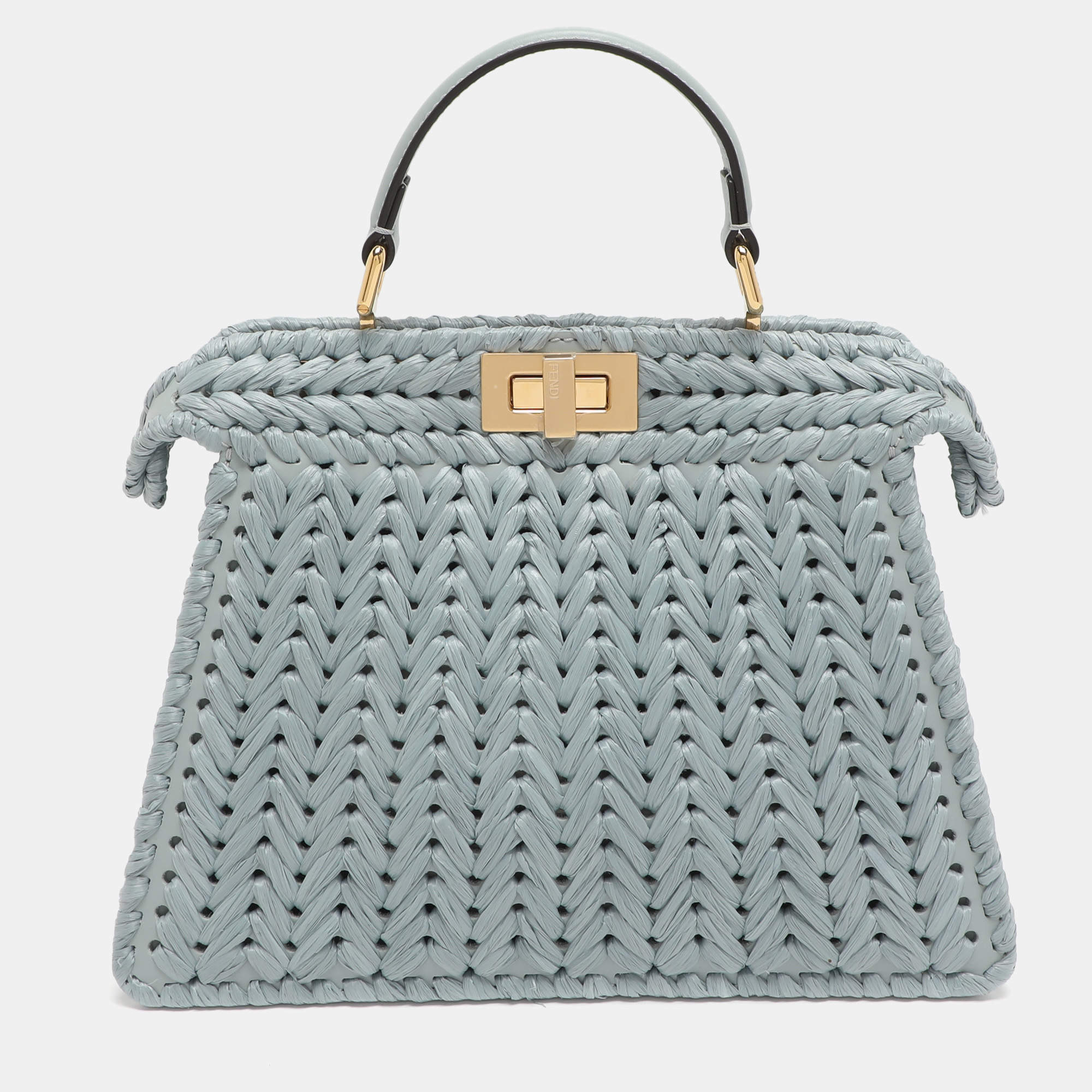 Pre Owned Fendi Peekaboo Iseeu Small Blue Woven Straw Top Handle Bag