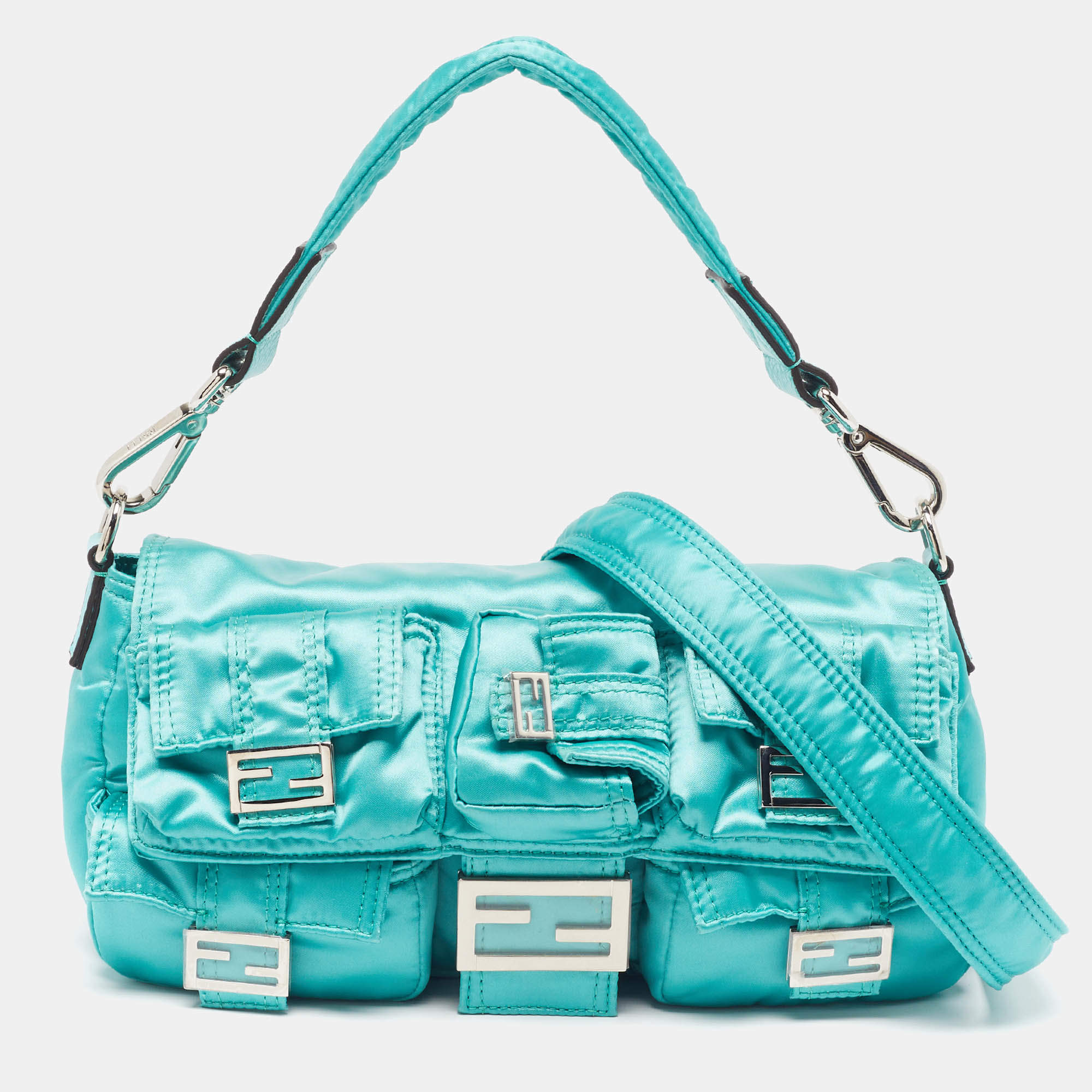 Pre Owned Fendi Baguette Multi-Pocket Convertible Green Nylon Bag