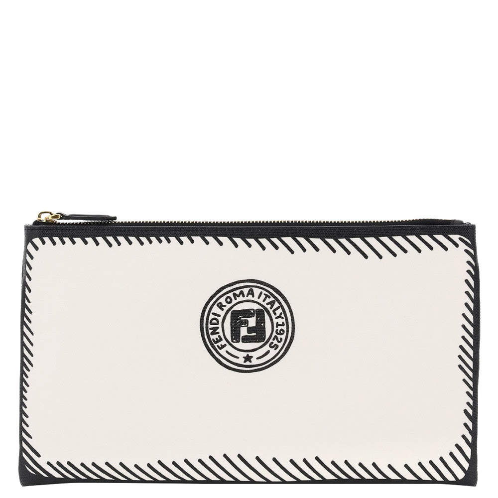 Pre Owned Fendi White Stamp Fabric Medium Pouch
