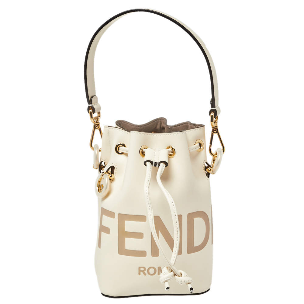 Pre Owned Fendi White Leather Mini Logo Mon Tresor Drawstring Bucket Bag