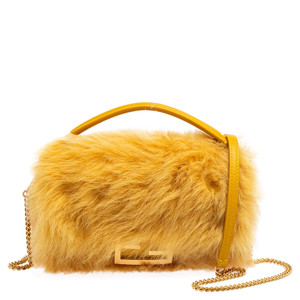 Pre Owned Fendi Yellow Fur And Leather Mini Baguette Bag