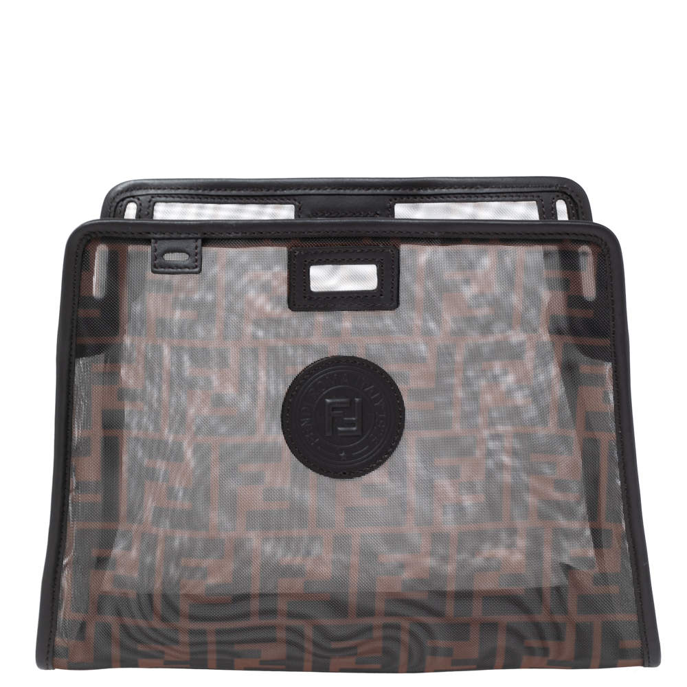 Pre Owned Fendi Tobacco Zucca Mesh and Leather Small Peekaboo Defender Clutch