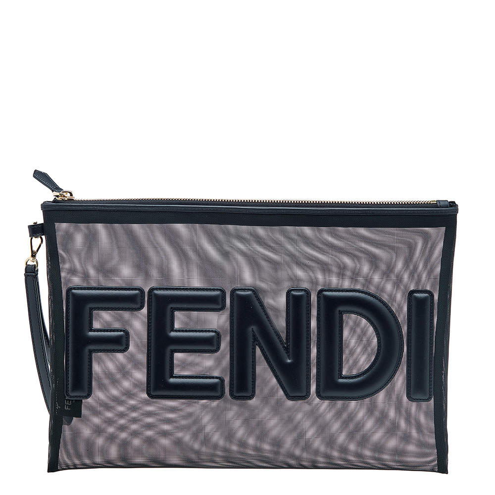 Pre Owned Fendi Black Mesh and Leather Large Logo Flat Pouch