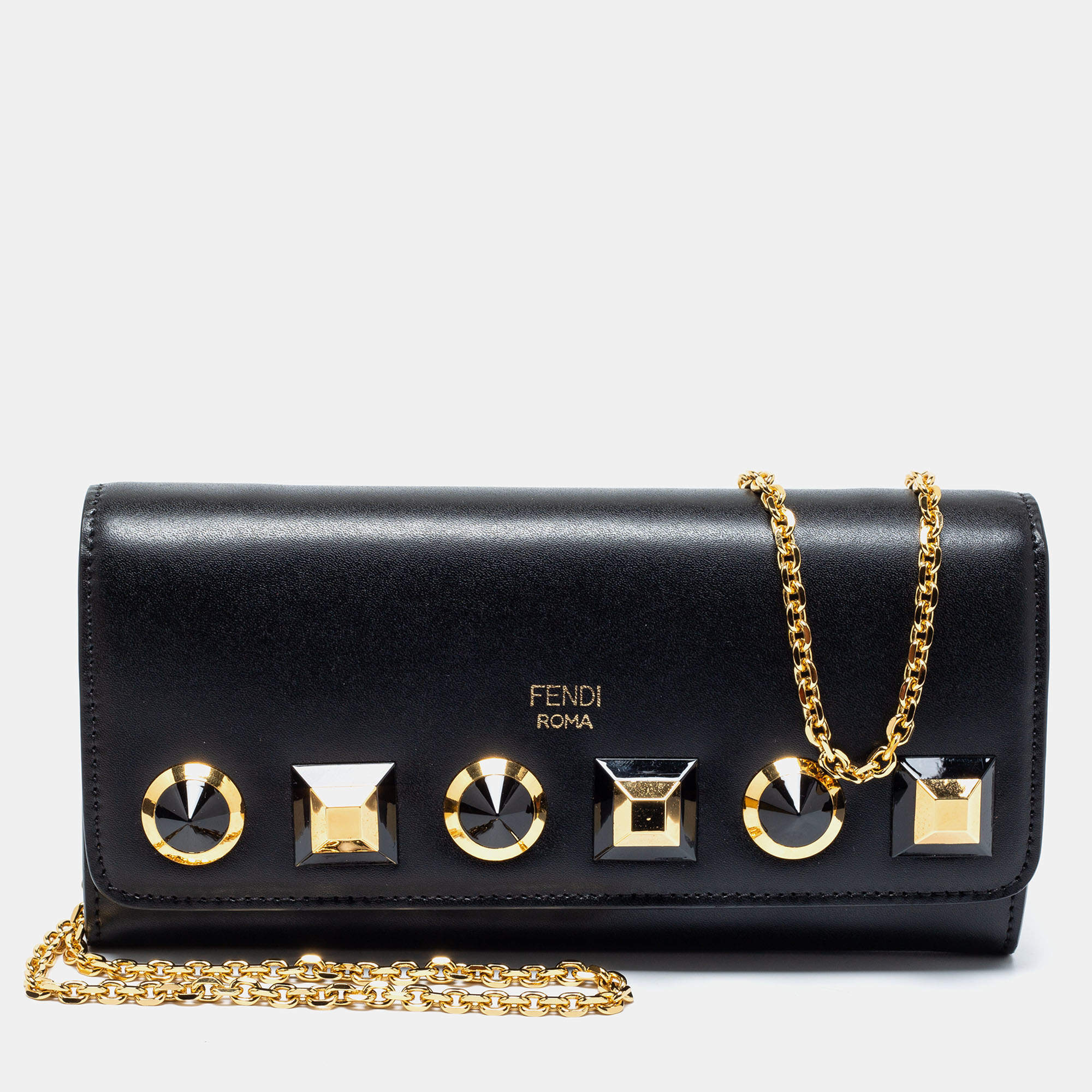 Pre Owned Fendi Black Leather Studded Flap Wallet On Chain