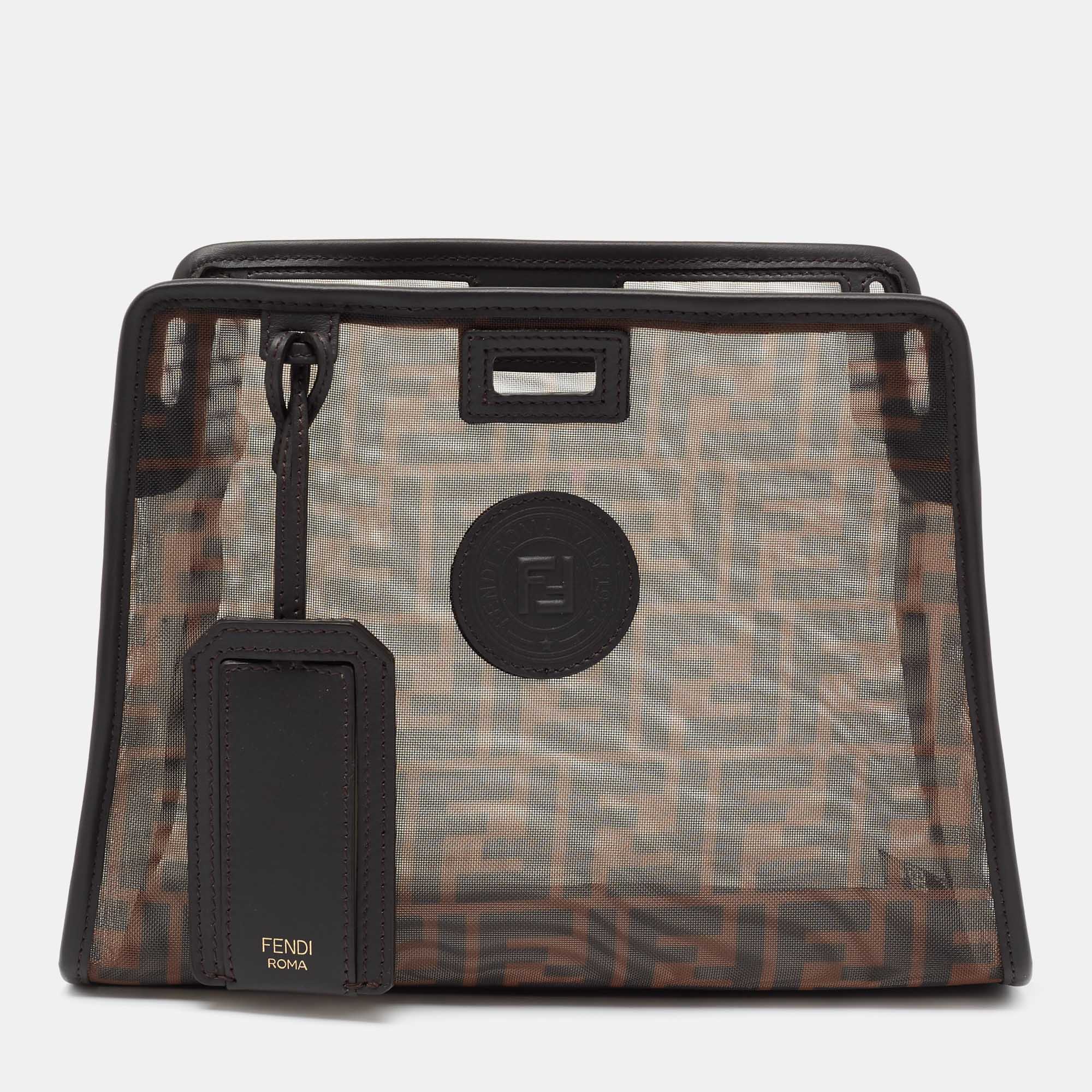 Pre Owned Fendi Brown Zucca Mesh and Leather Small Peekaboo Defender Pouch
