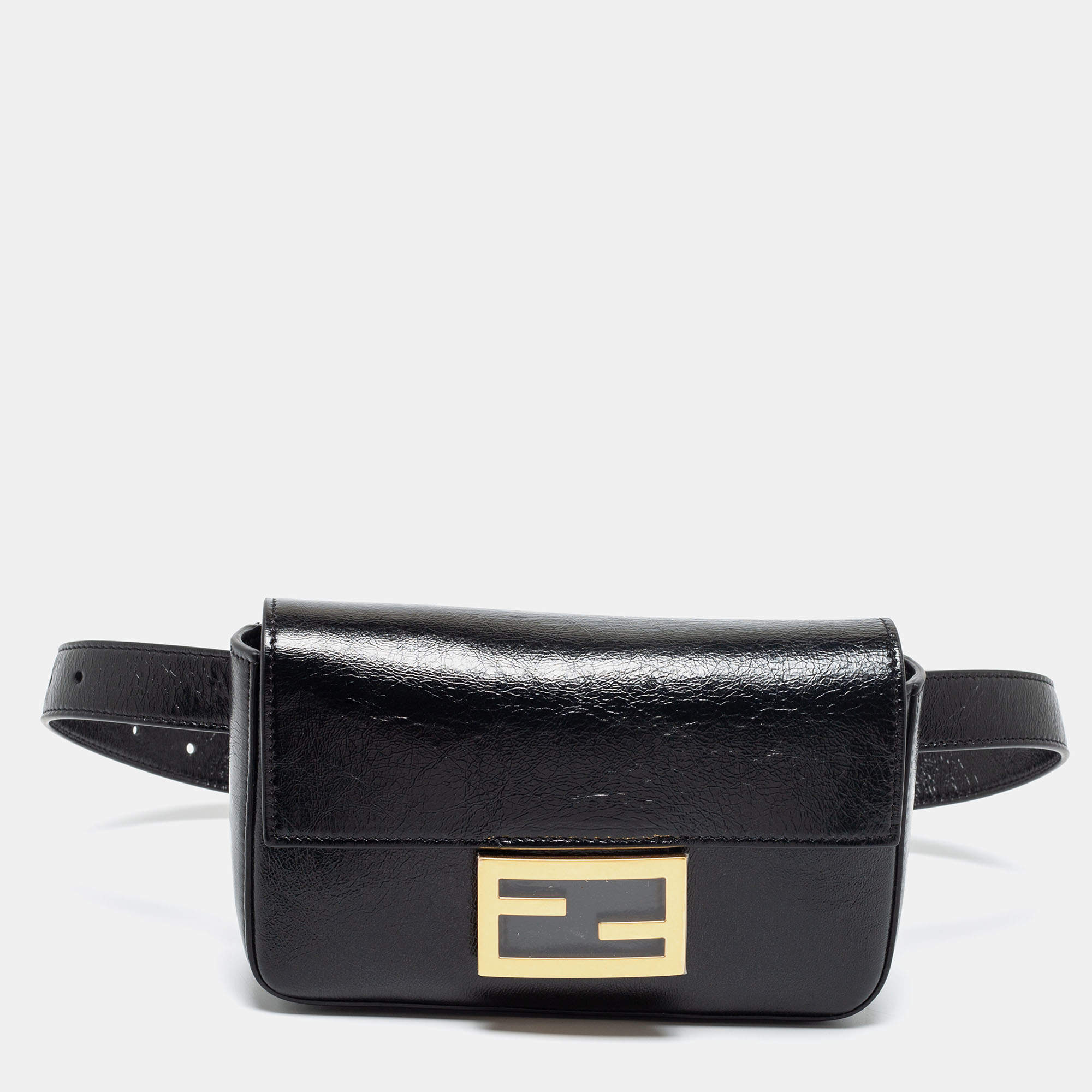 Pre Owned Fendi Black Glossy Leather FF Belt Bag 