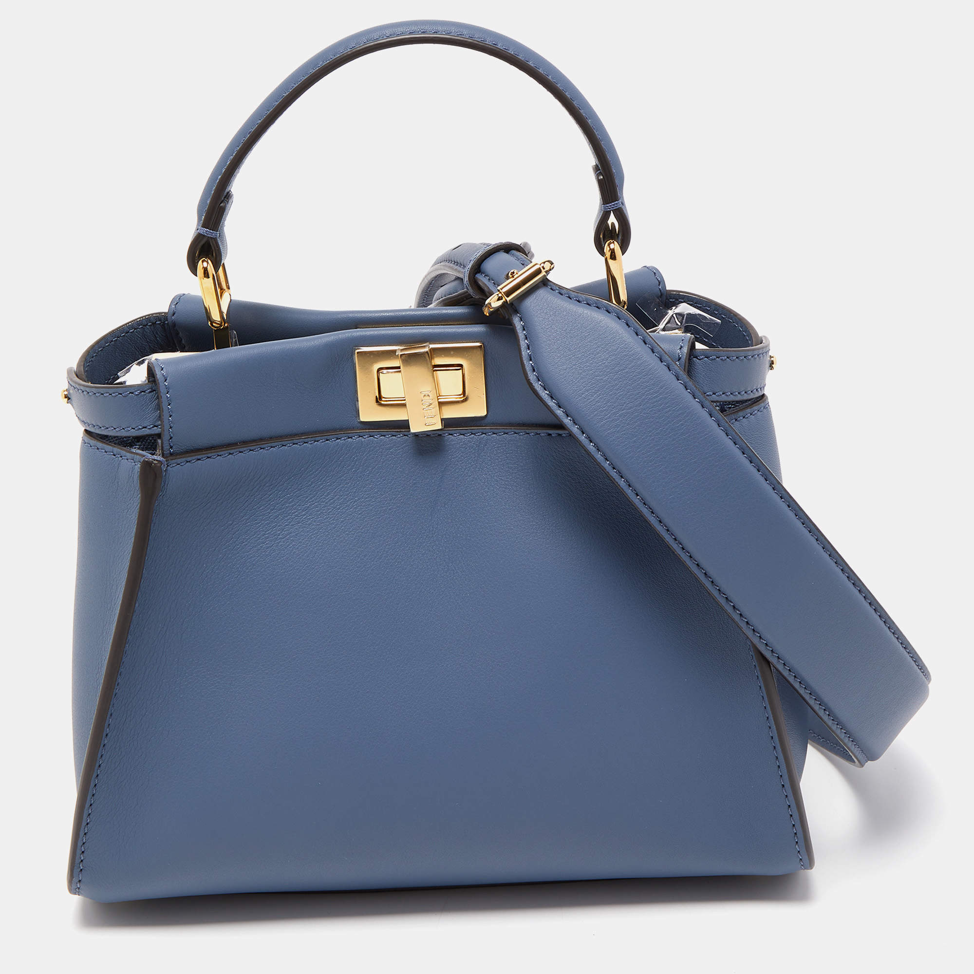 Fendi Navy Blue Leather Mini Peekaboo Top Handle Bag
