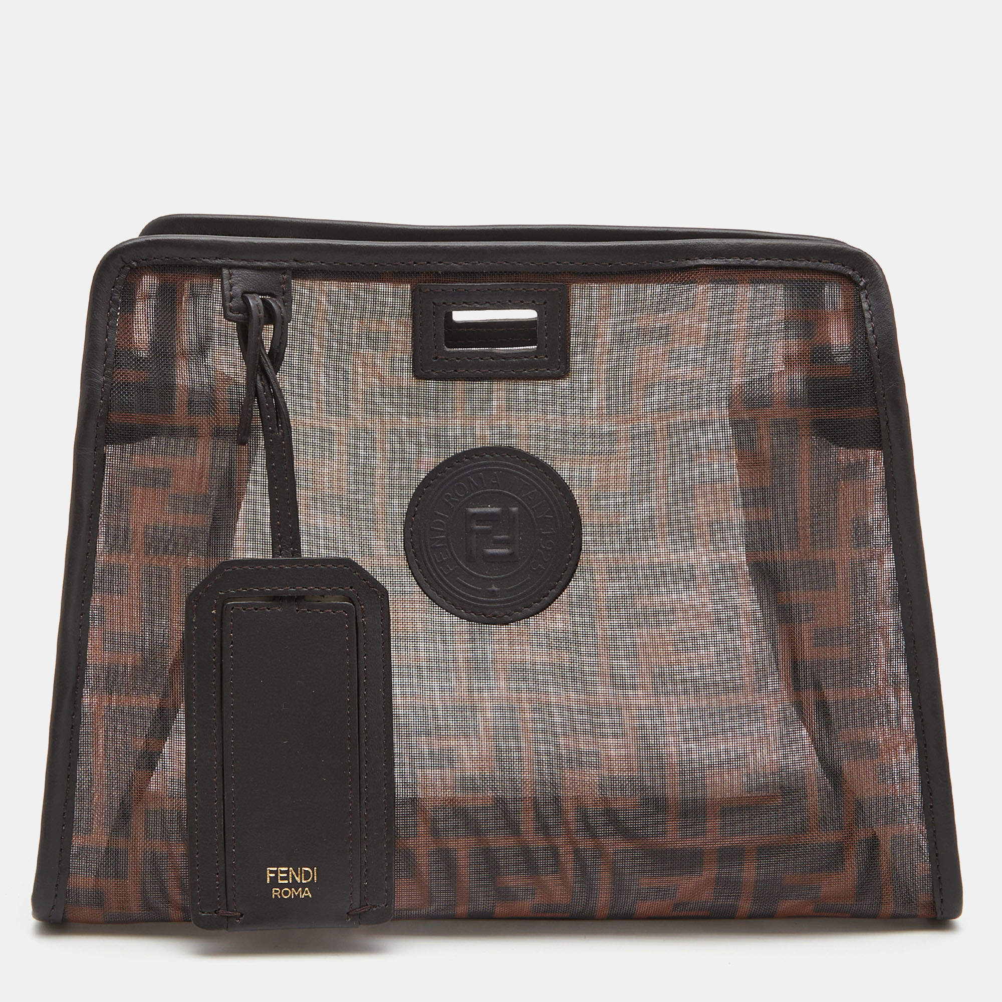 Fendi Brown Zucca Mesh and Leather Small Peekaboo Defender Pouch