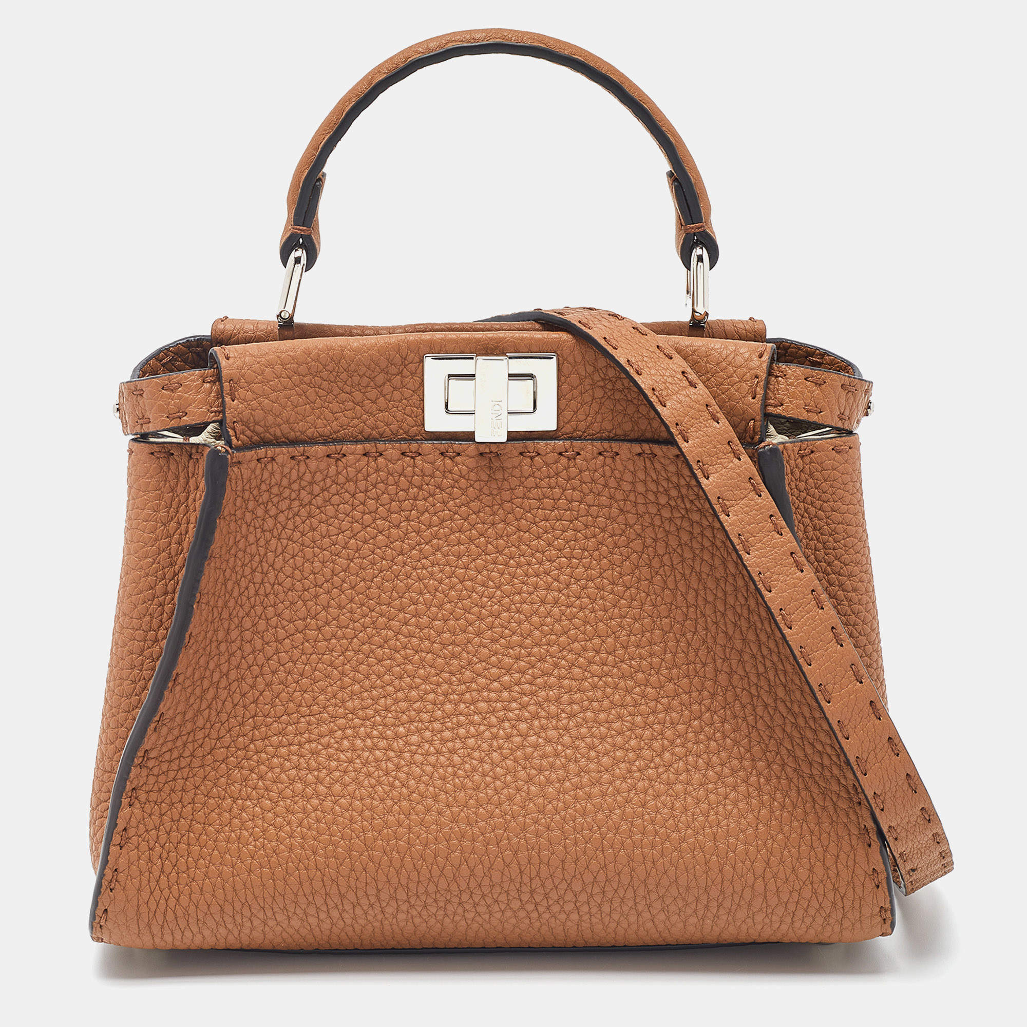 Pre Owned Fendi Brown Selleria Leather Mini Peekaboo Top Handle Bag