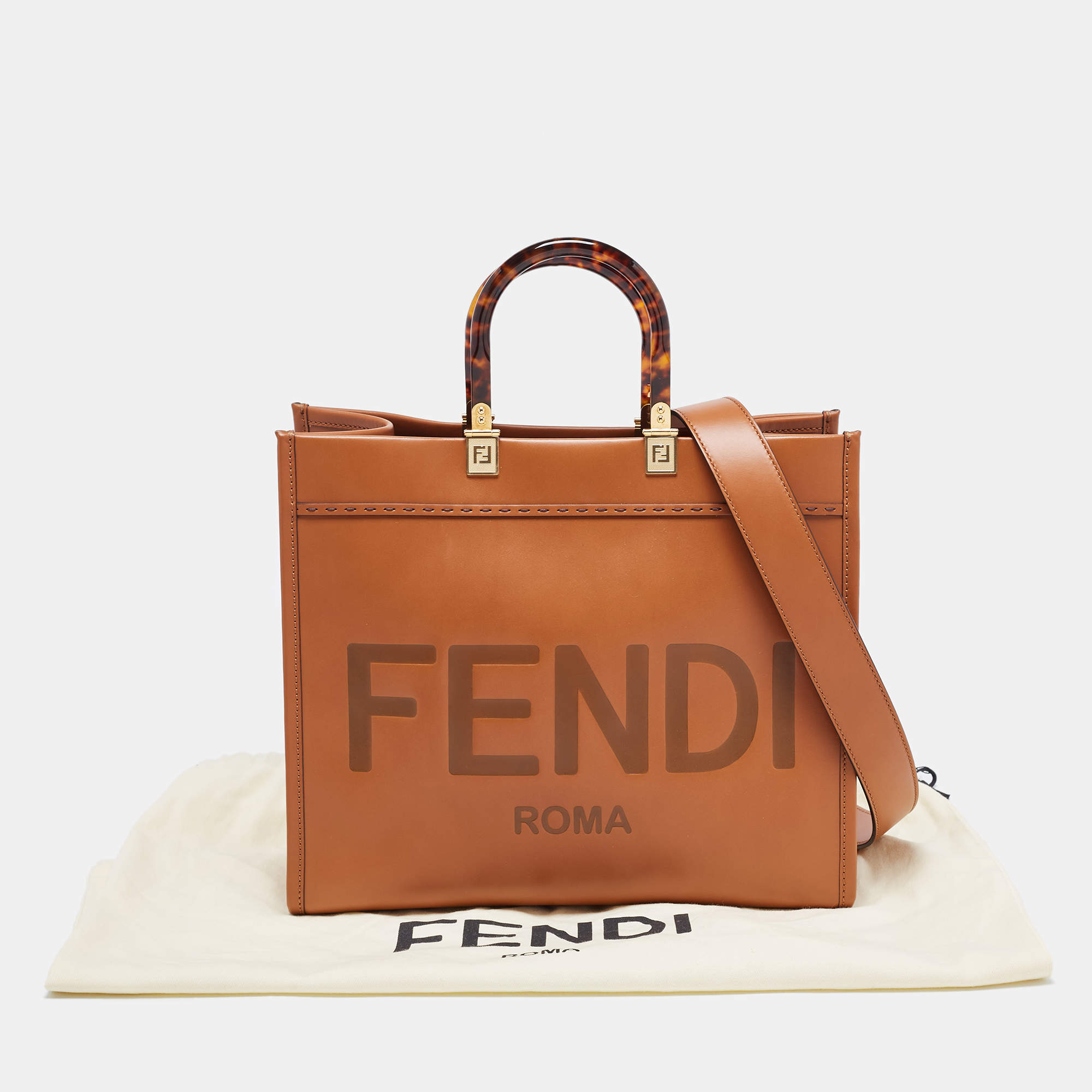 Fendi Sunshine Tote Medium, Beige Canvas, Preowned in Dustbag