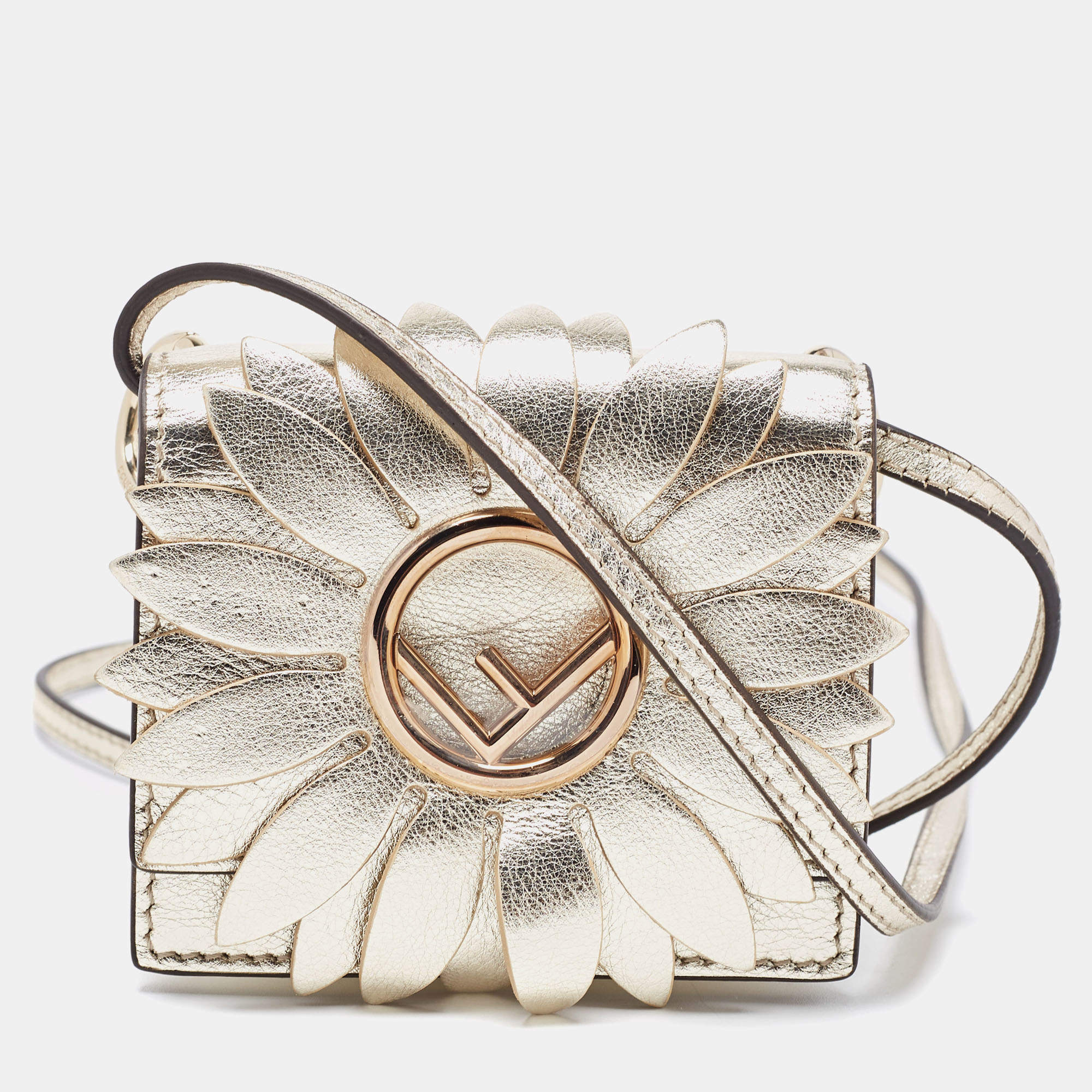 Pre Owned Fendi Gold Leather Micro Flower Kan I Crossbody Bag