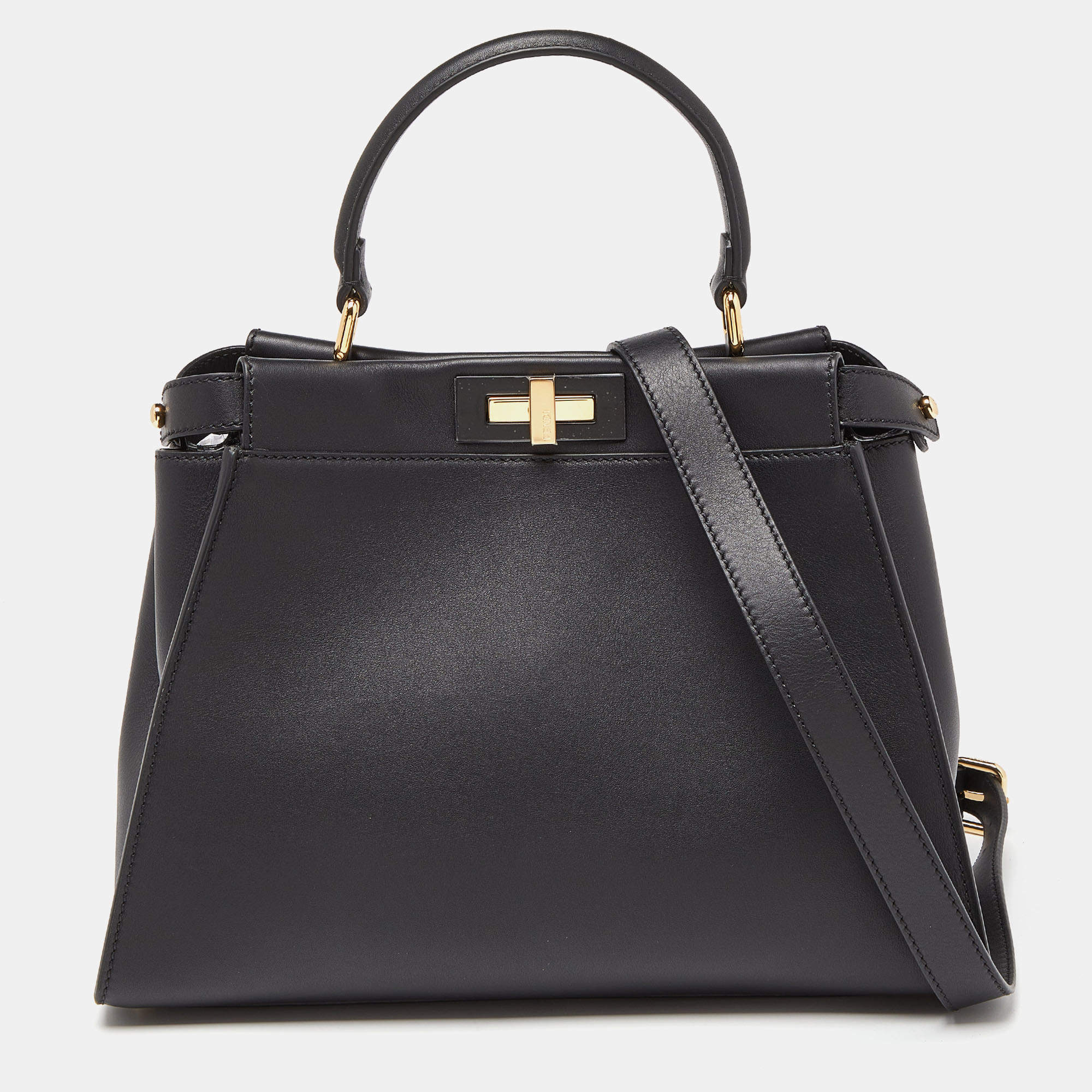 Pre Owned Fendi Black Leather Medium Peekaboo Iconic Top Handle Bag