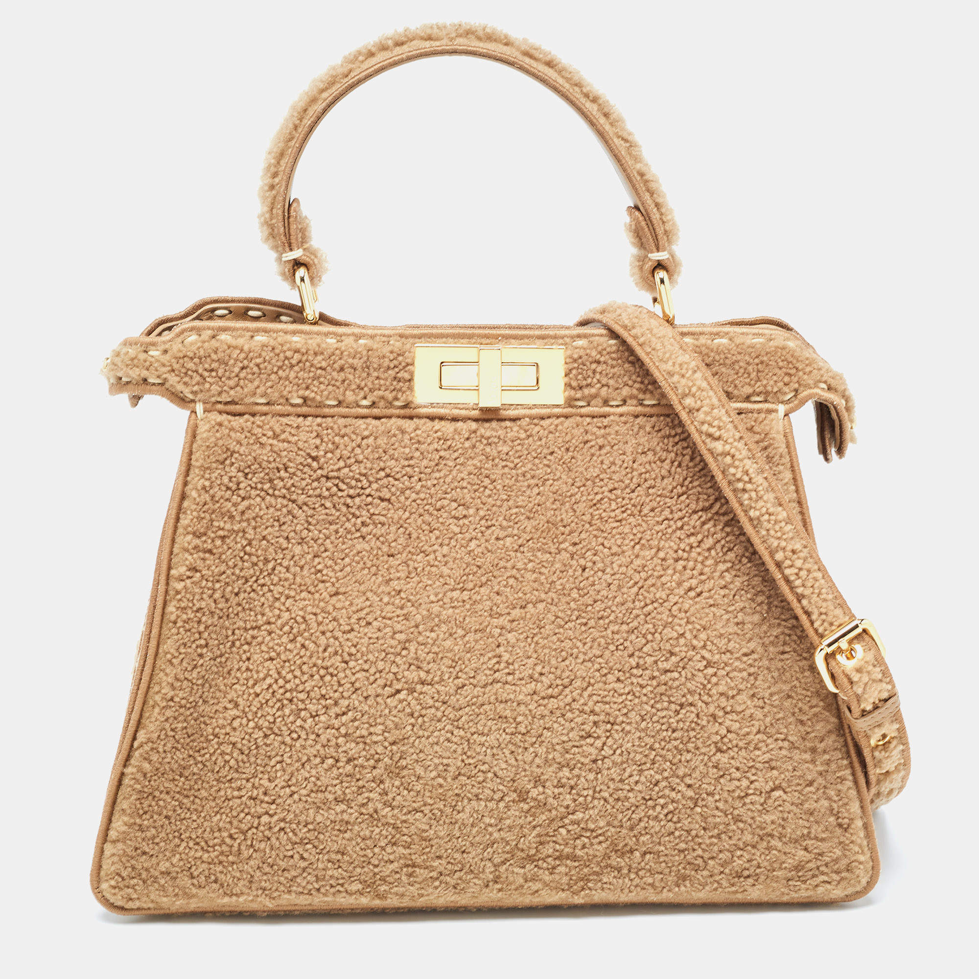 Pre Owned Fendi Brown Sheep Shearling Medium Peekaboo ISeeU Top Handle Bag