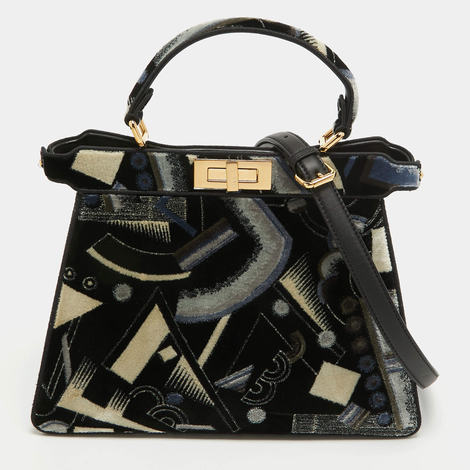 Pre Owned Fendi Navy Blue Velvet Medium Printed Peekaboo ISeeU Top Handle Bag