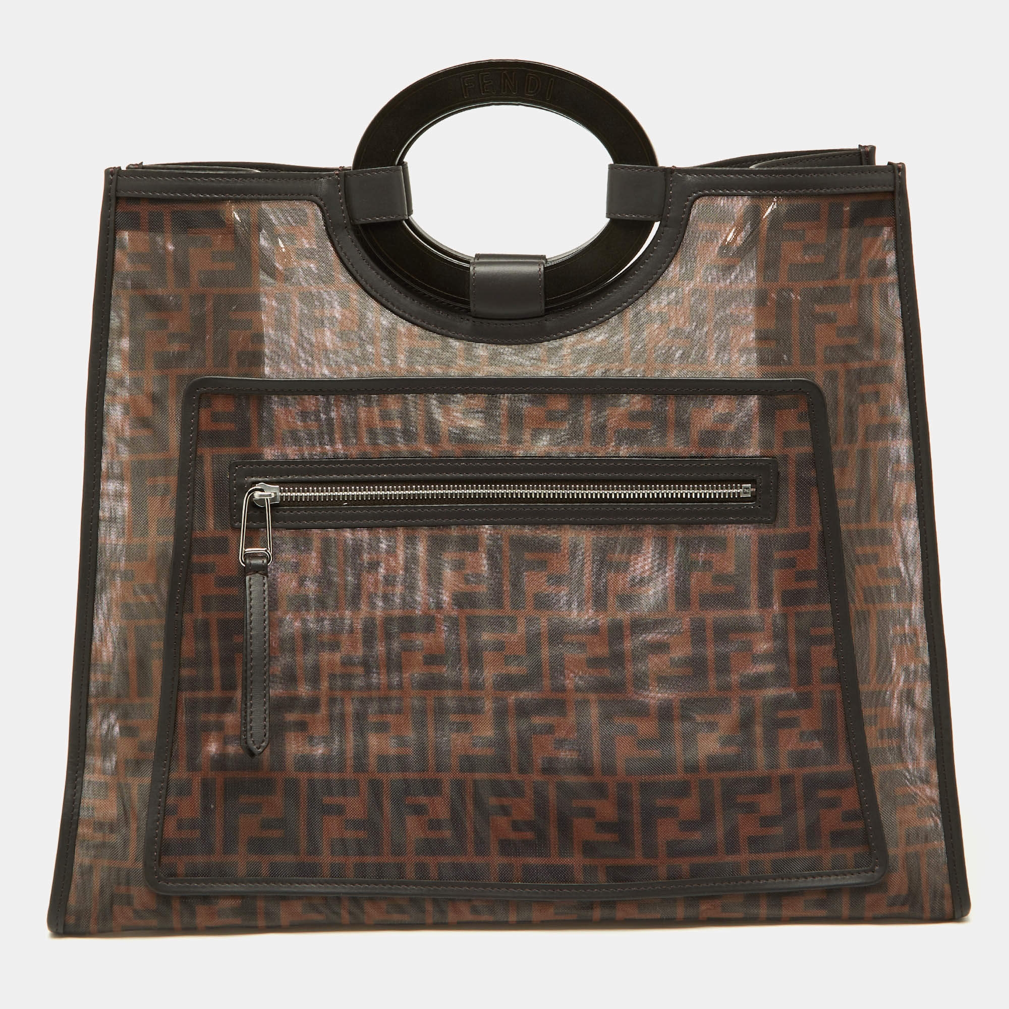 Pre Owned Fendi Tobacco Zucca Mesh and Leather Runaway Shopper Tote
