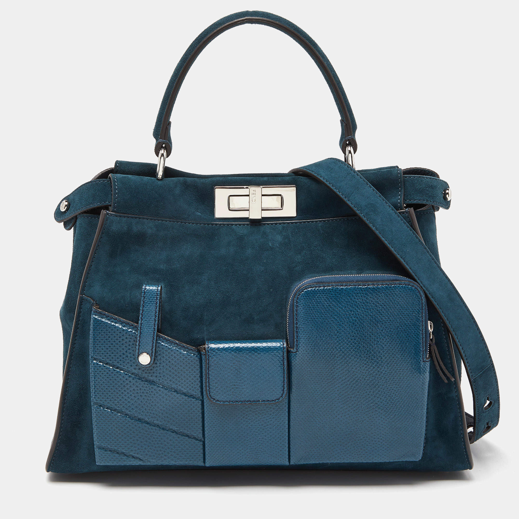Pre Owned Fendi Blue Watersnake Leather and Suede Regular Peekaboo Top Handle Bag