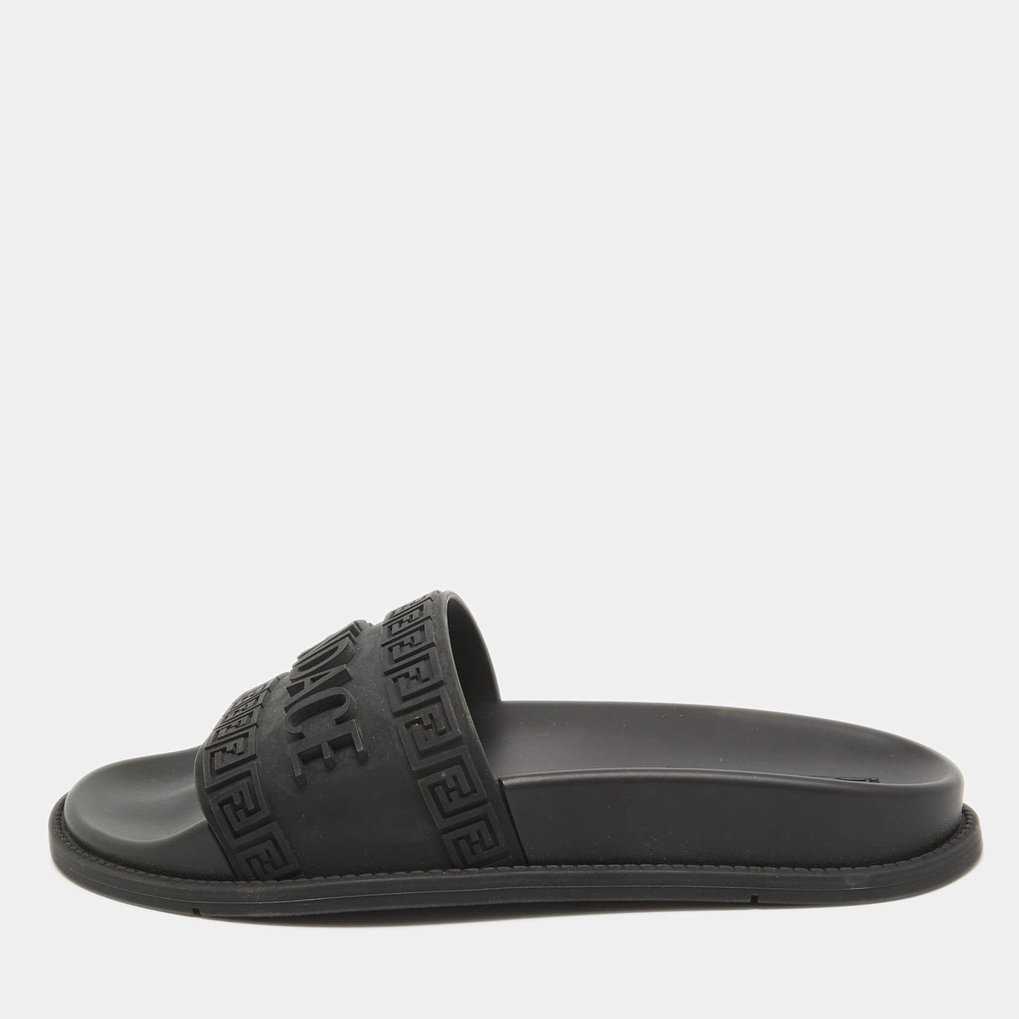 Fendi x-Versace Black Rubber Logo Flat Slides Size 37
