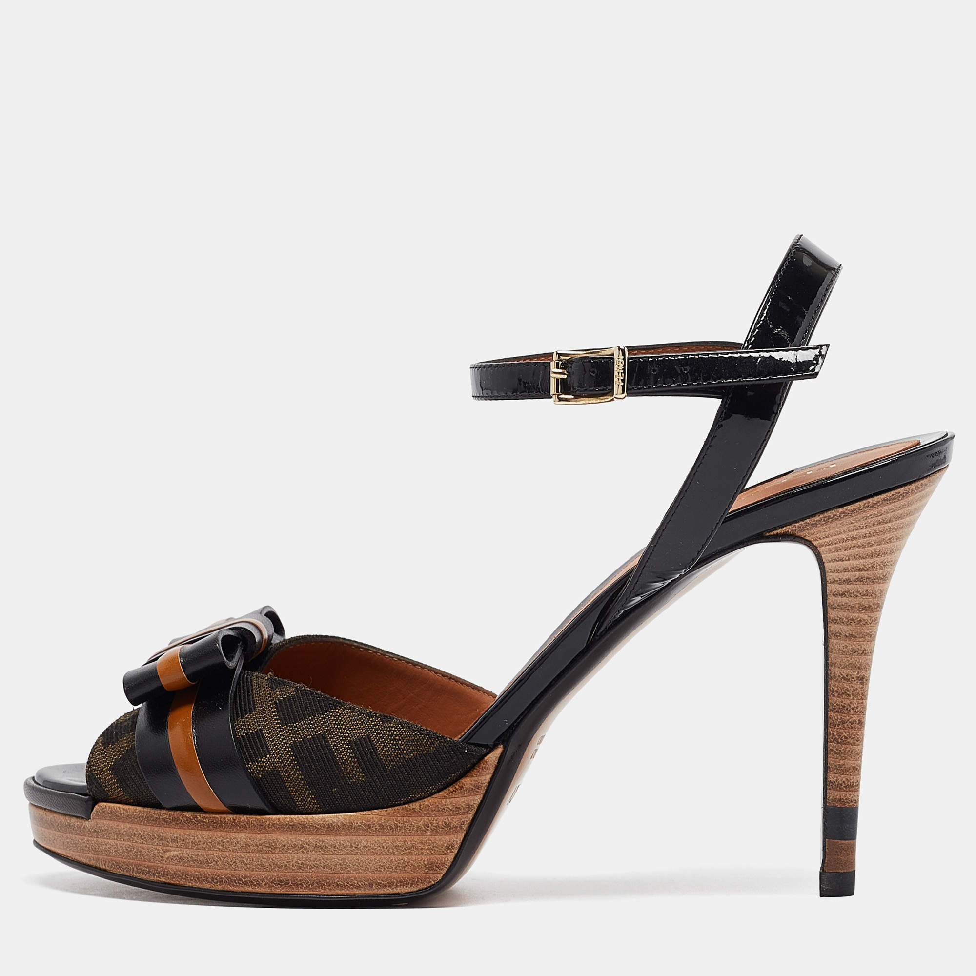 Fendi Black/Brown Canvas And Leather Bow Pep Toe Ankle Strap Sandals Size 39