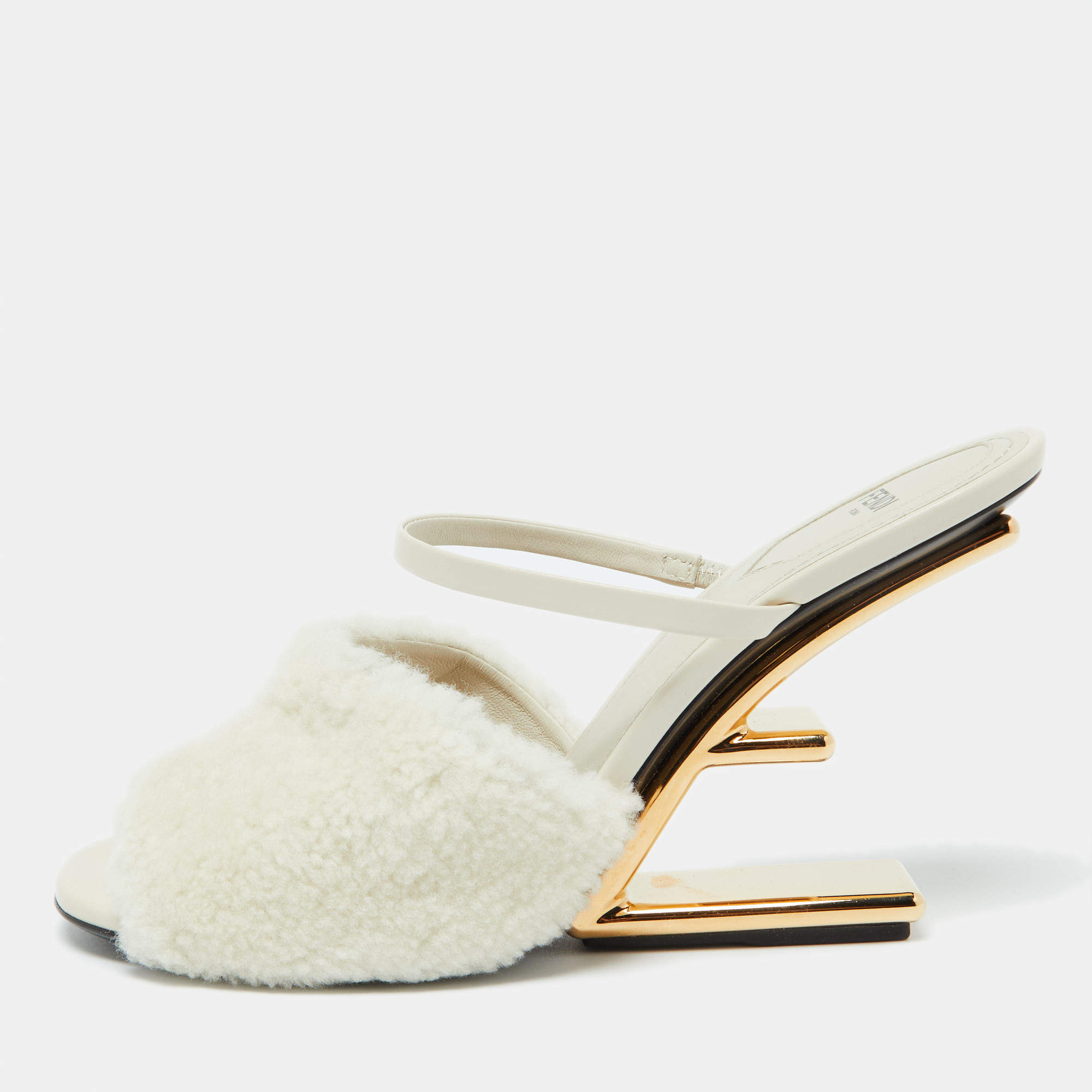 Fendi Off White Lamb Fur and Leather First Heel Mules Size 40