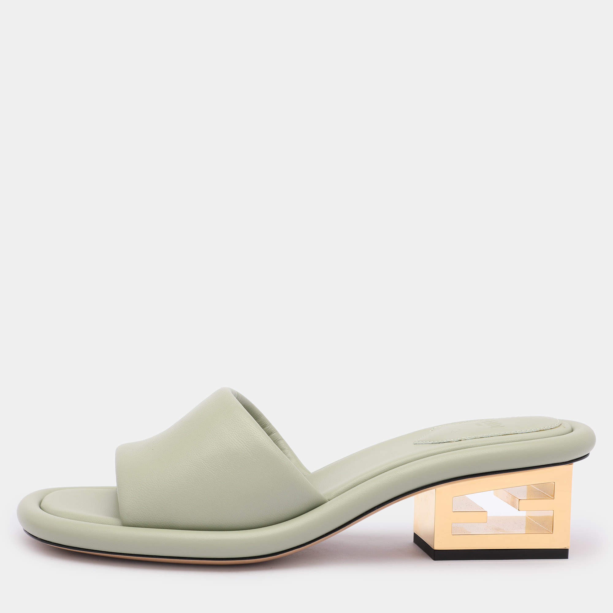 Fendi Green Leather Baguette Heel Slide Sandals Size 37