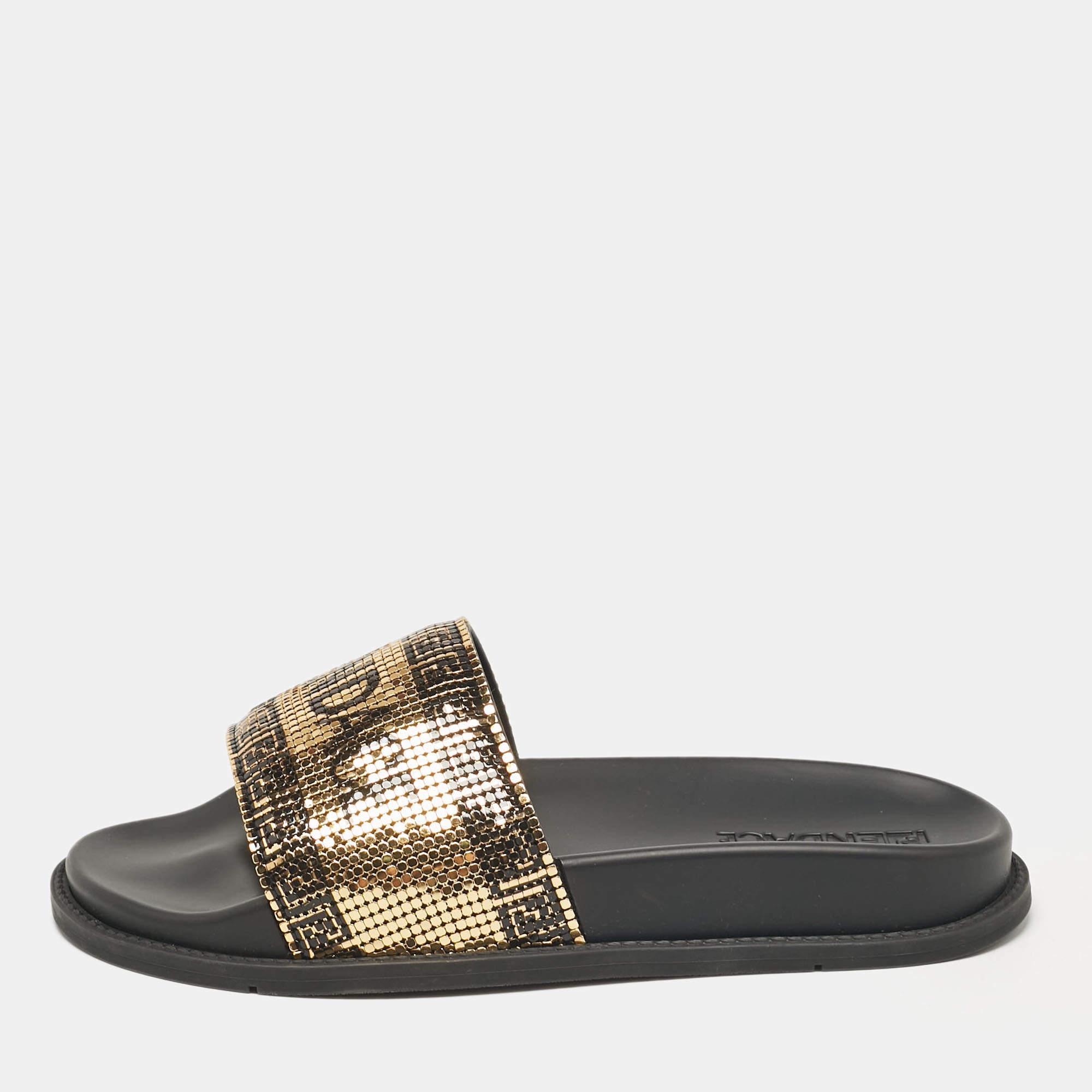 Fendi x Versace Gold/Black Metal Mesh Pool Slides Size 38