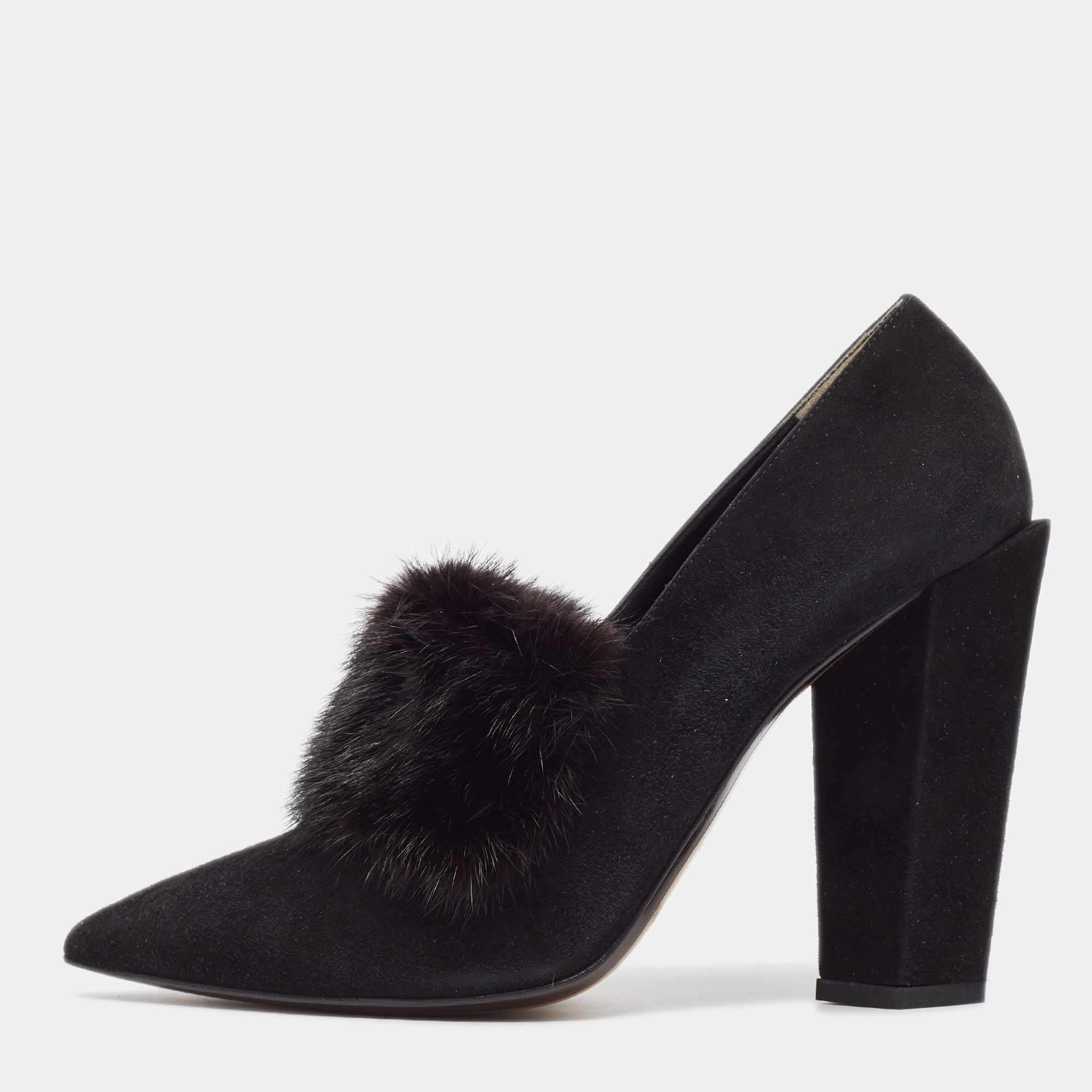 Fendi Black Mink Fur and Suede Block Heel Pumps Size 39