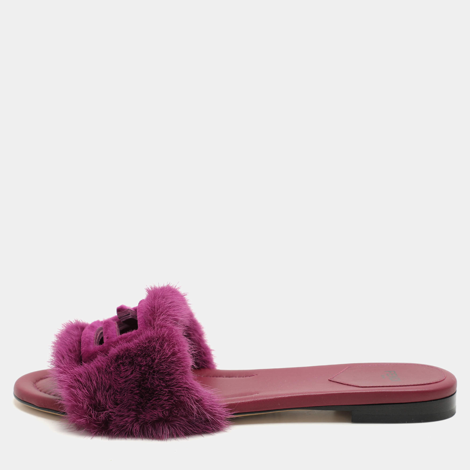 Fendi Purple Mink Fur Baguette Flat Slides Size 40