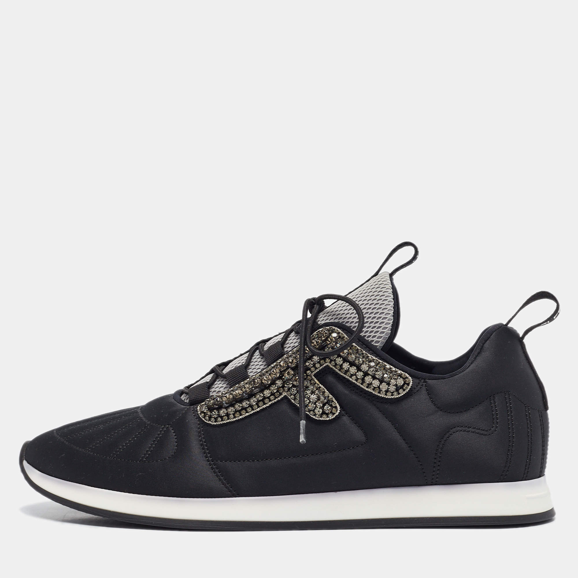 Pre Owned Fendi Black Satin Stretch Crystal Embellished FFreedom Lace Up Sneakers Size 39