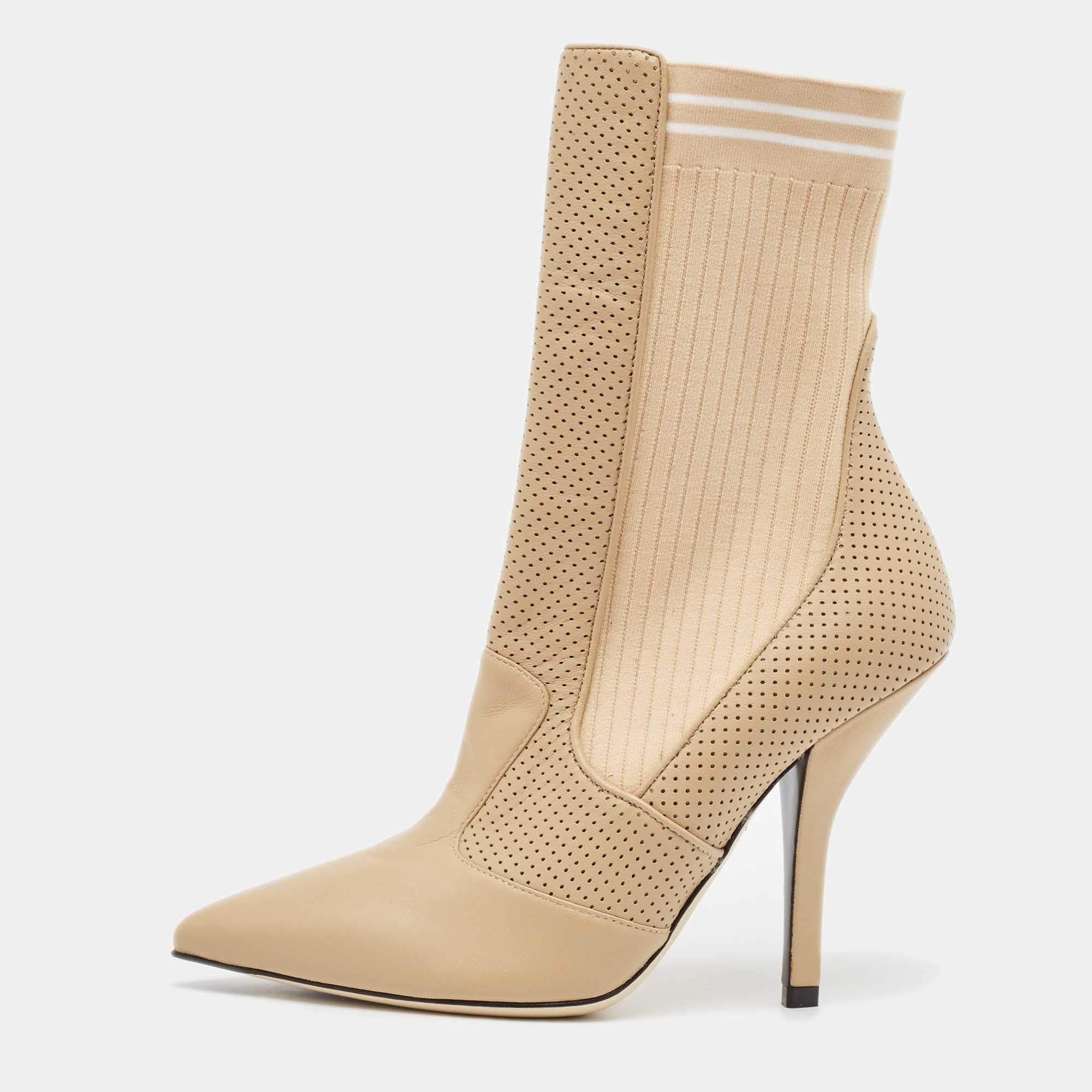 Fendi Beige Leather and Fabric Rockoko Ankle Length Boots Size 39
