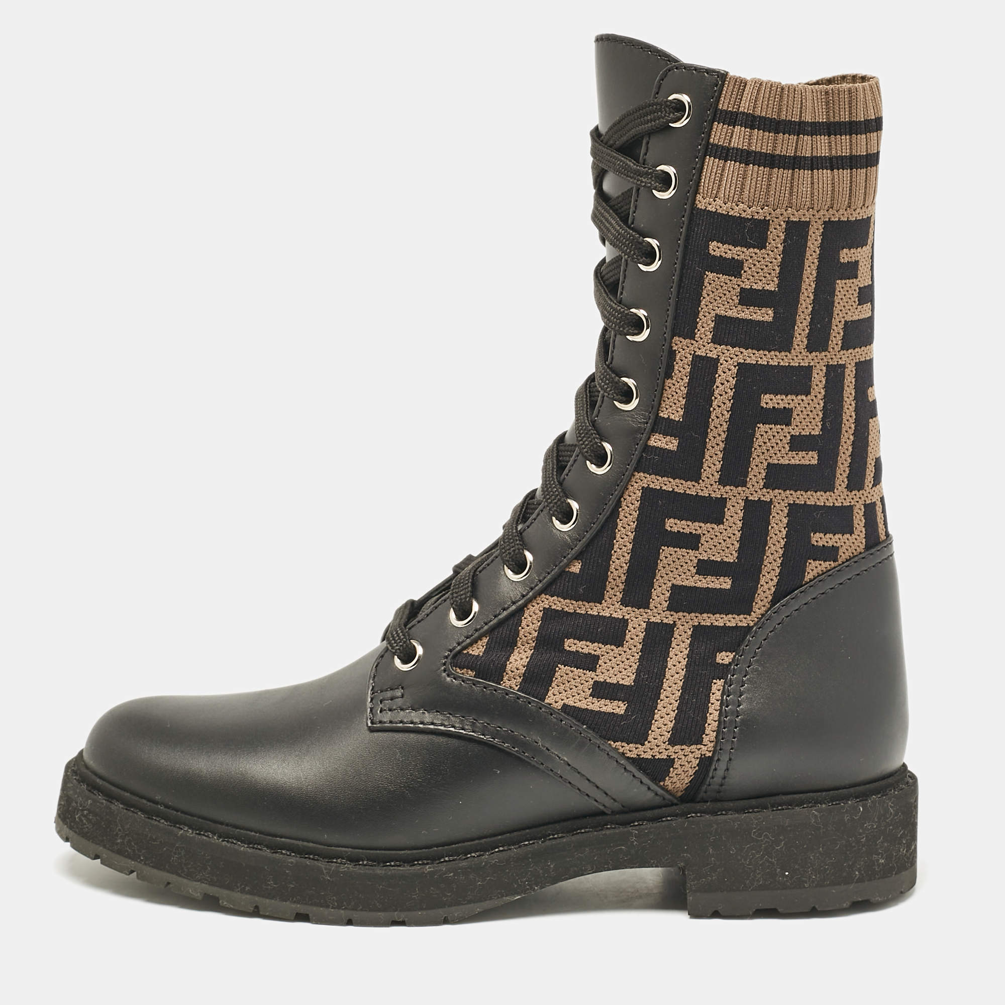 Pre Owned Fendi Black/Brown Canvas and Leather Rockoko Combat Boots Size 36.5