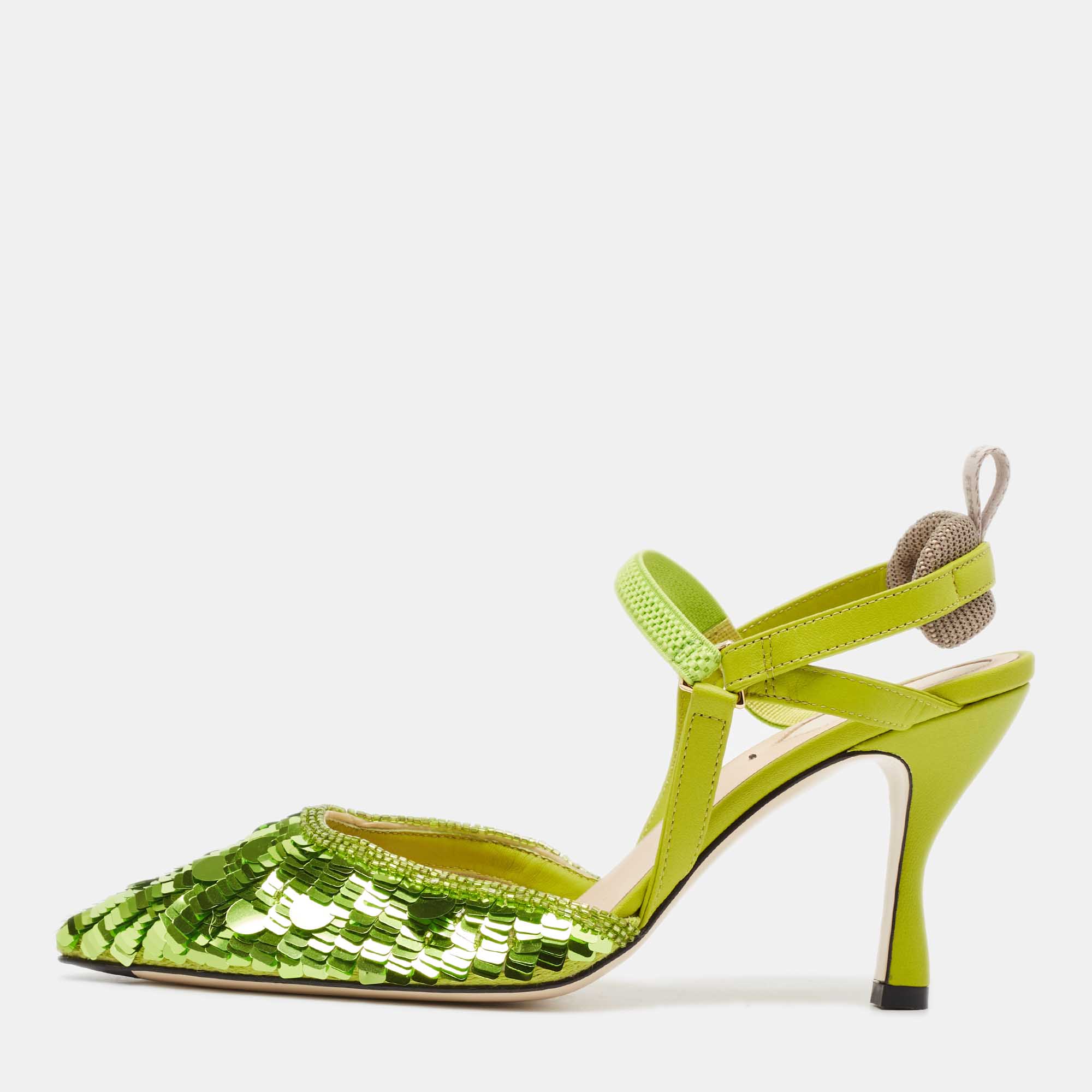 Pre Owned Fendi Green Sequins Embellished Fabric Colibri Lite Pumps Size 37
