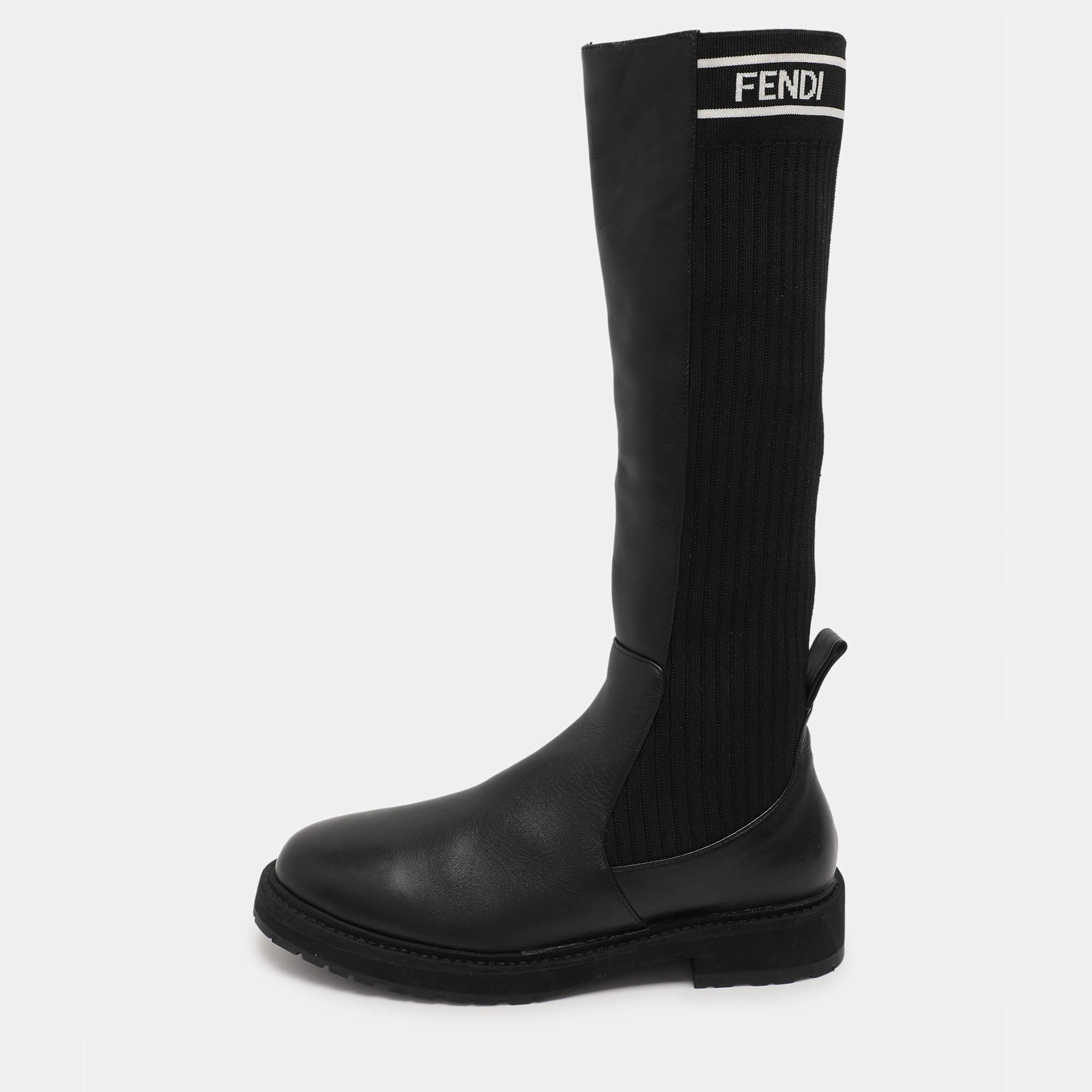 Pre Owned Fendi Black Leather and Stretch Fabric Logo Rockoko Calf Length Boots Size 40