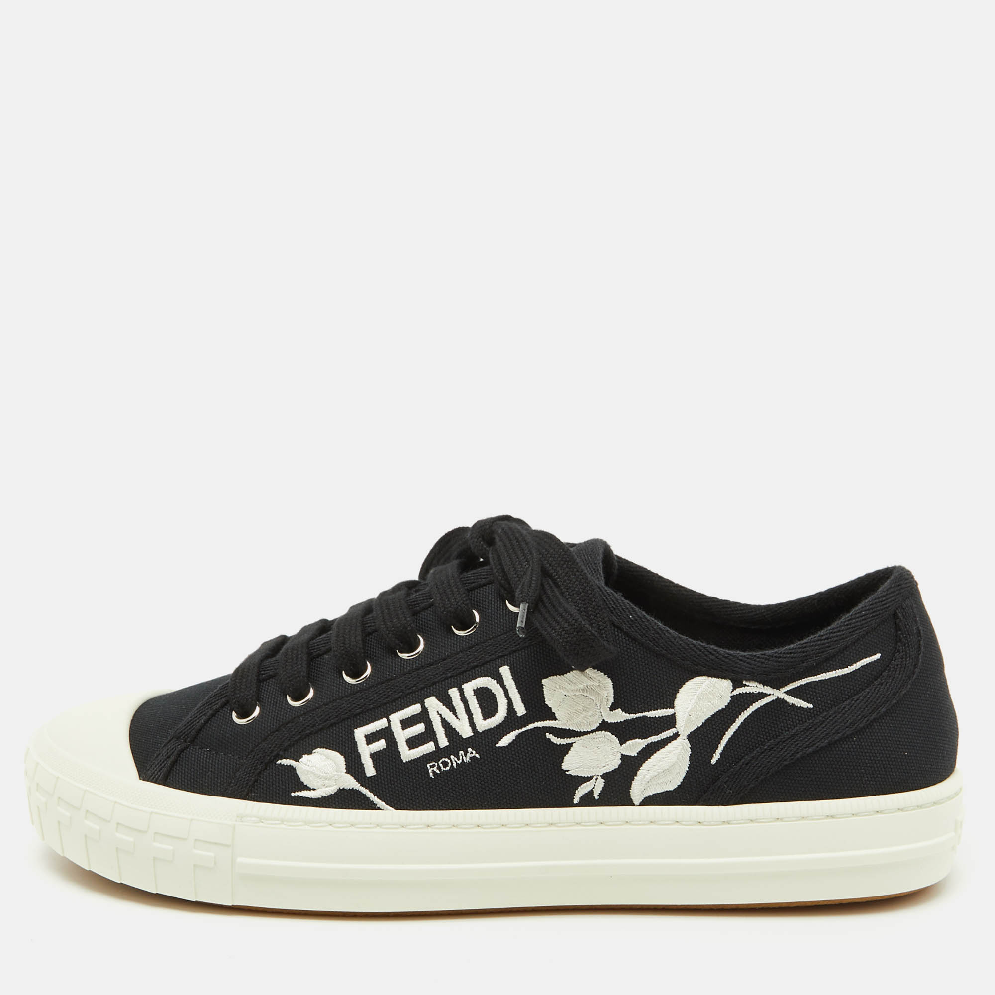 Pre Owned Fendi Black Canvas Domino Lace Up Sneakers Size 40