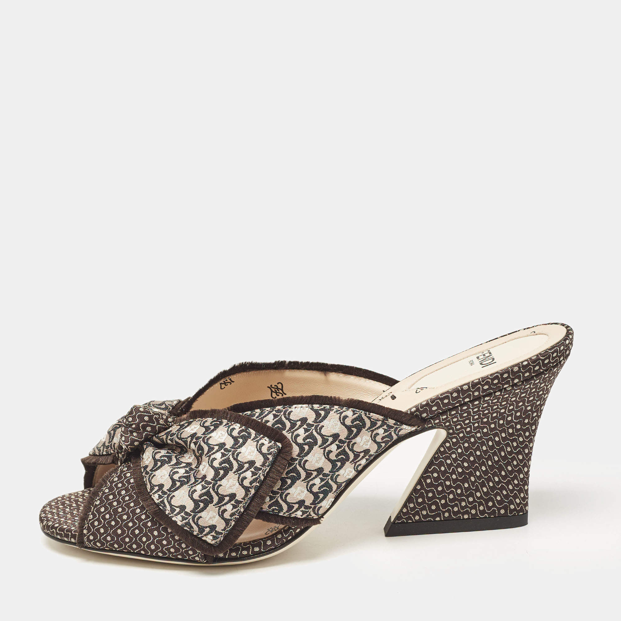 Fendi Brown Printed Fabric Knotted Bow Slide Sandals Size 36.5