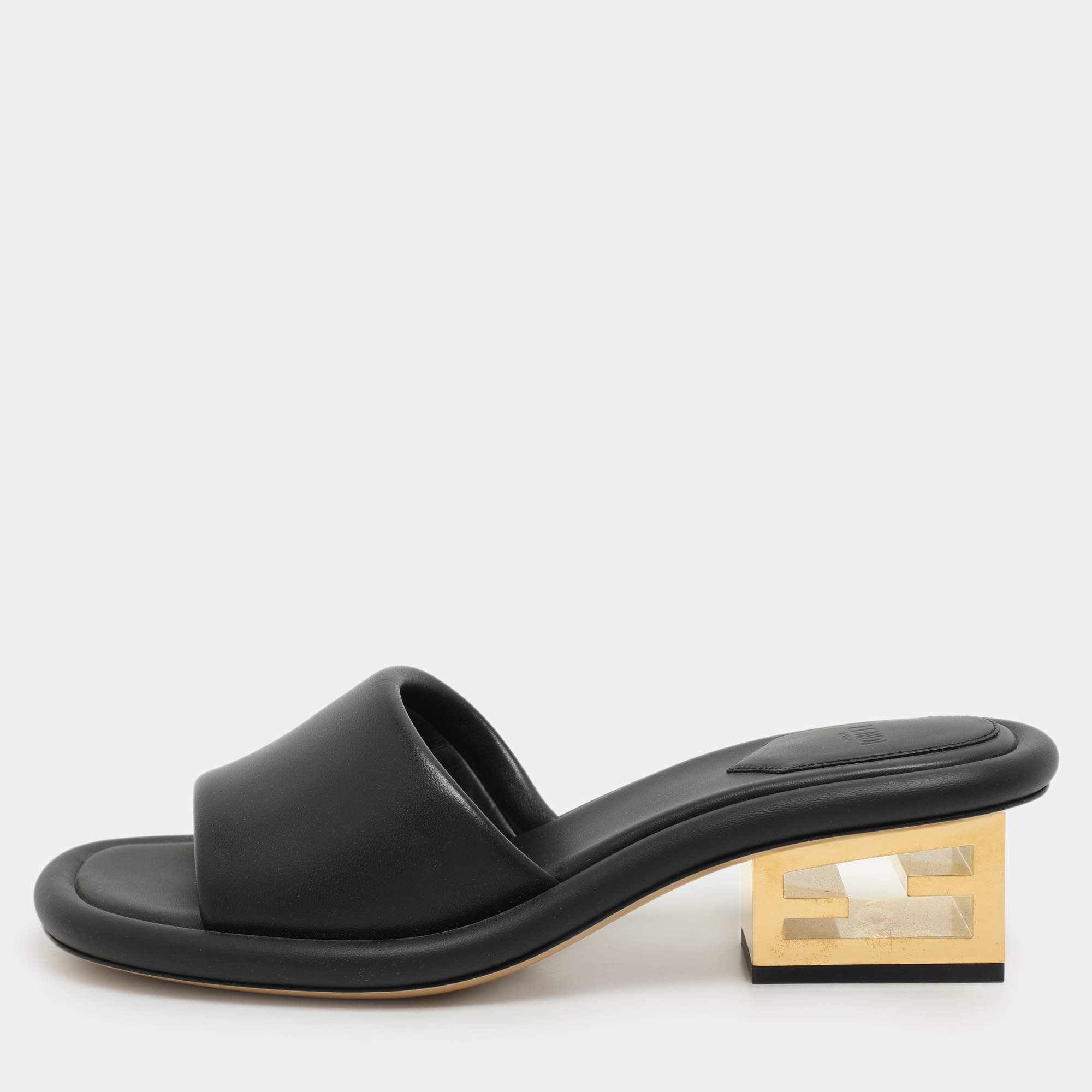 Pre Owned Fendi Black Leather Baguette Slide Sandals Size 37