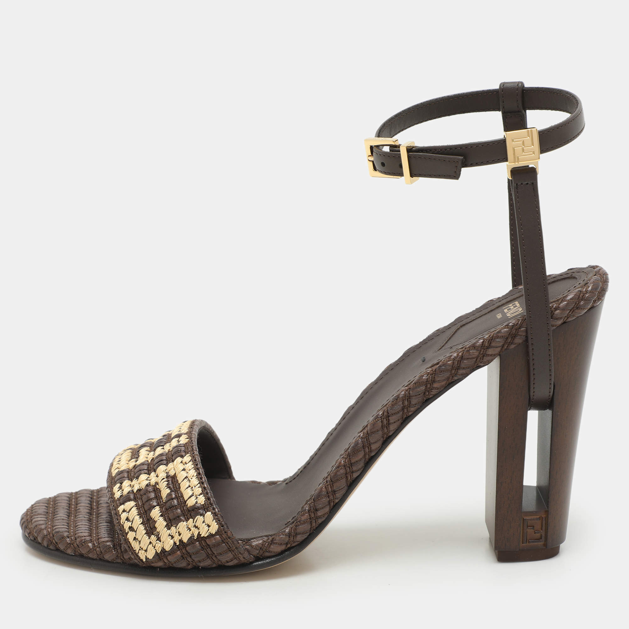 مملوكة مسبقًا صندل فندي دلفينا جلد ورافيا بني / بيج مقاس 38