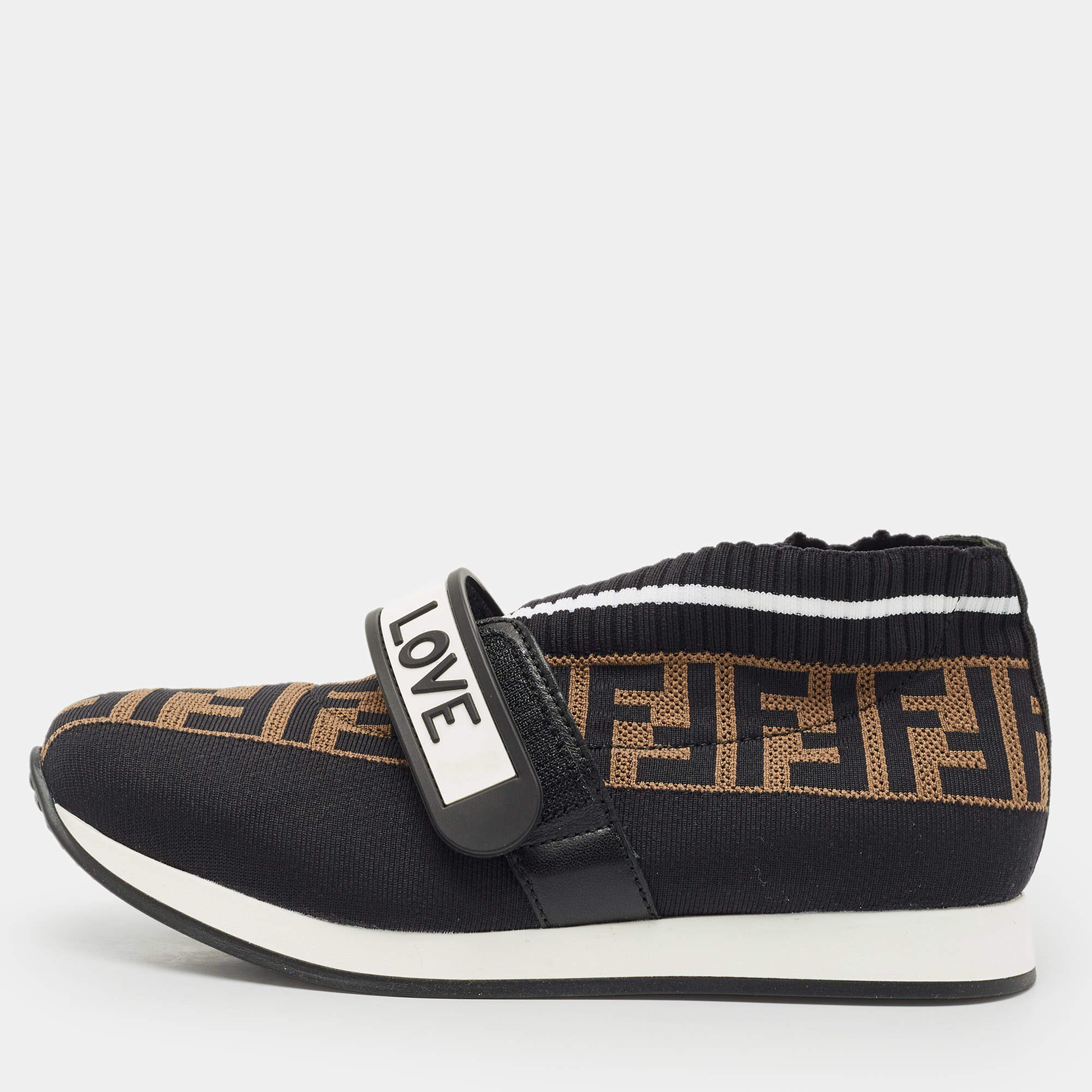 Pre Owned Fendi Black/Brown Zucca Print Knit Fabric Rockoko Sneakers Size 34