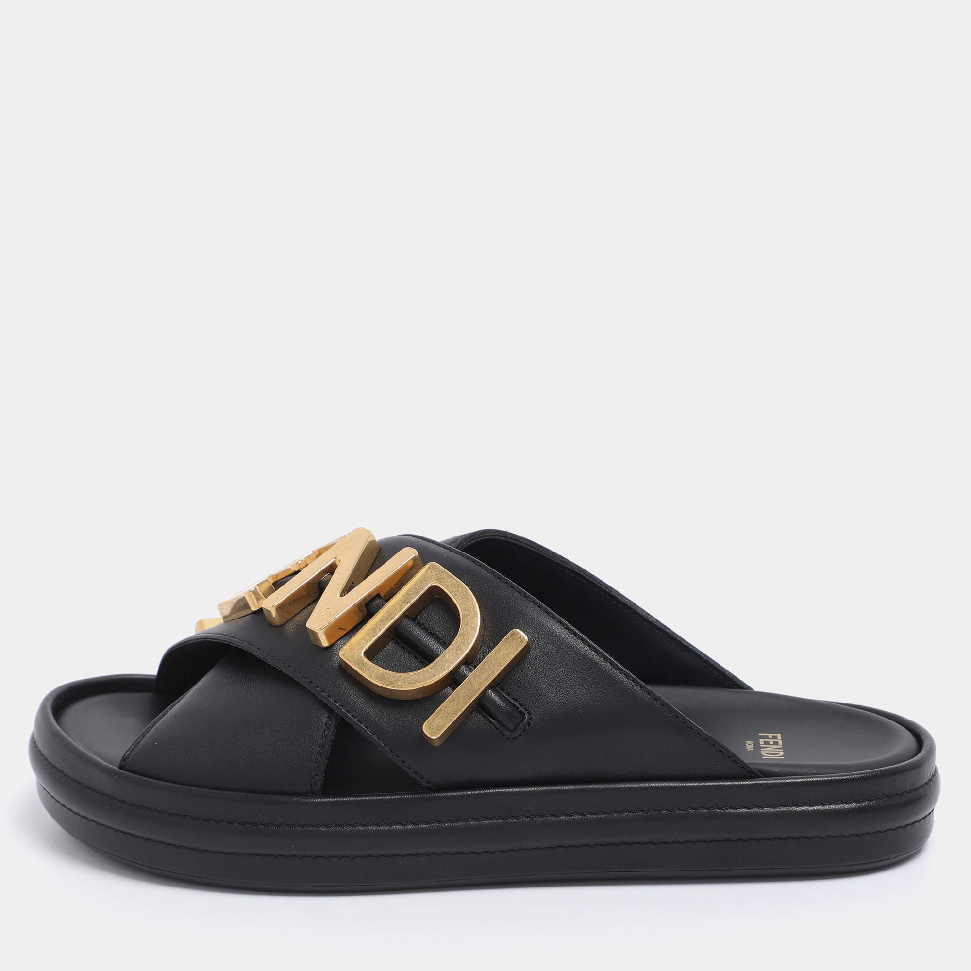 Pre Owned Fendi Black Leather Fendigraphy Flat Slides Size 37