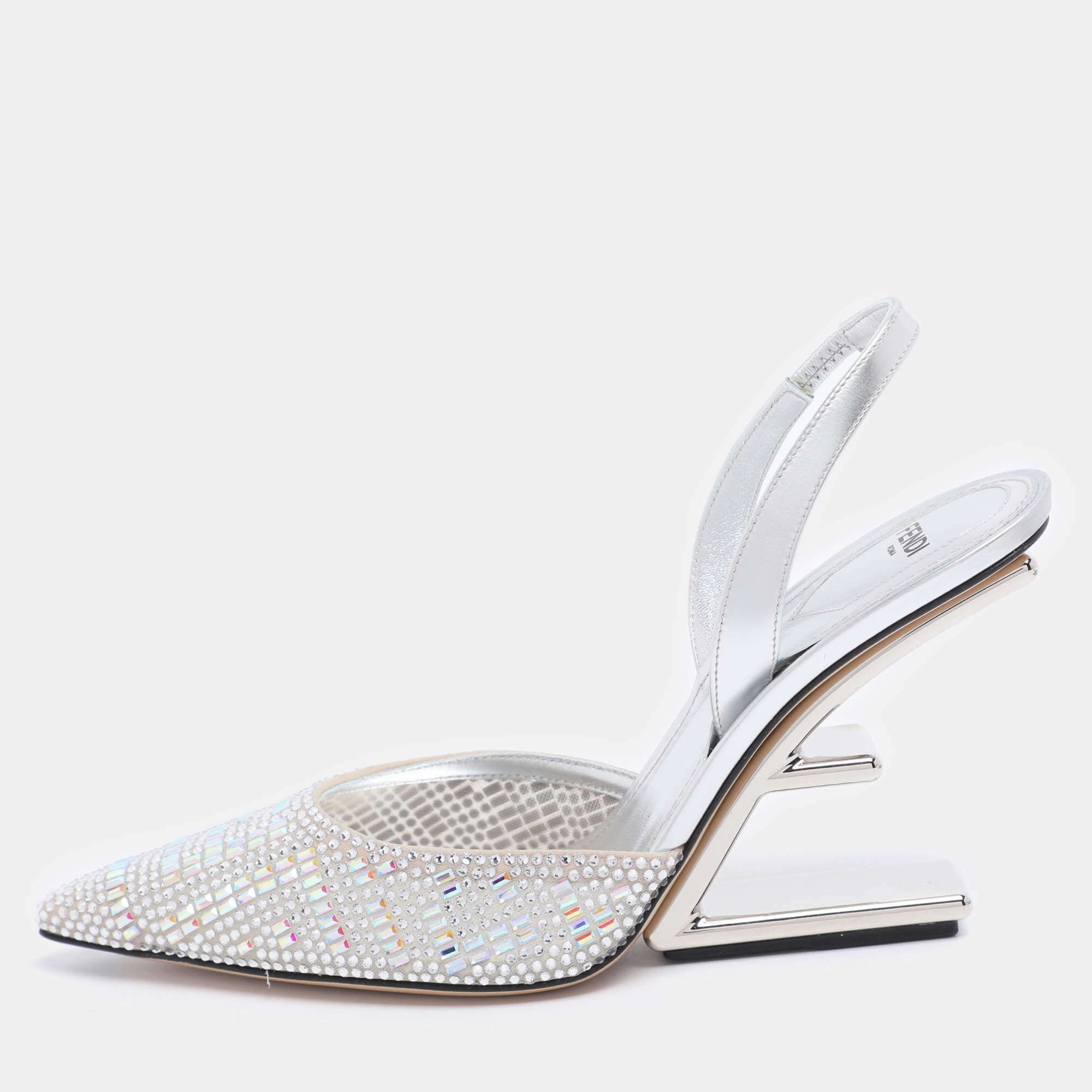 مملوكة مسبقًا Fendi Silver Leather and Tulle Fendi First Crystal Embellished Slingback Sandals Size 40